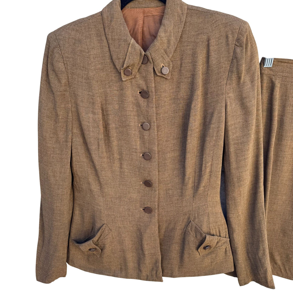 Weathervane Handmacher Vintage 50s 60s Brown Womens Button Jacket Skirt Suit Set