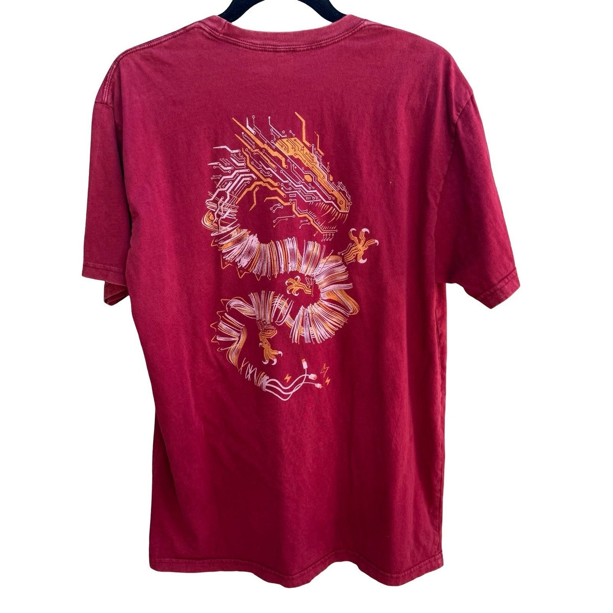 Story Spark Volt Dragon Cyberpunk Gamer Graphic T-Shirt Tech Geek Red Mens L