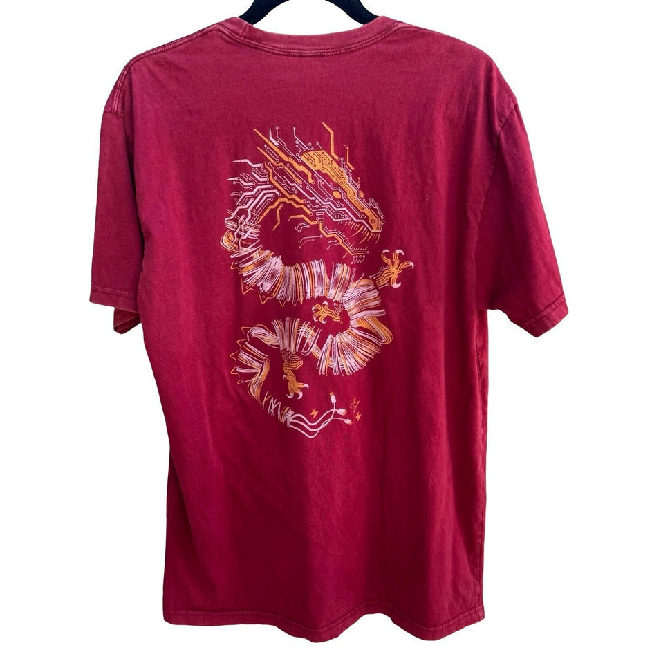 Story Spark Volt Dragon Cyberpunk Gamer Graphic T-Shirt Tech Geek Red Mens L