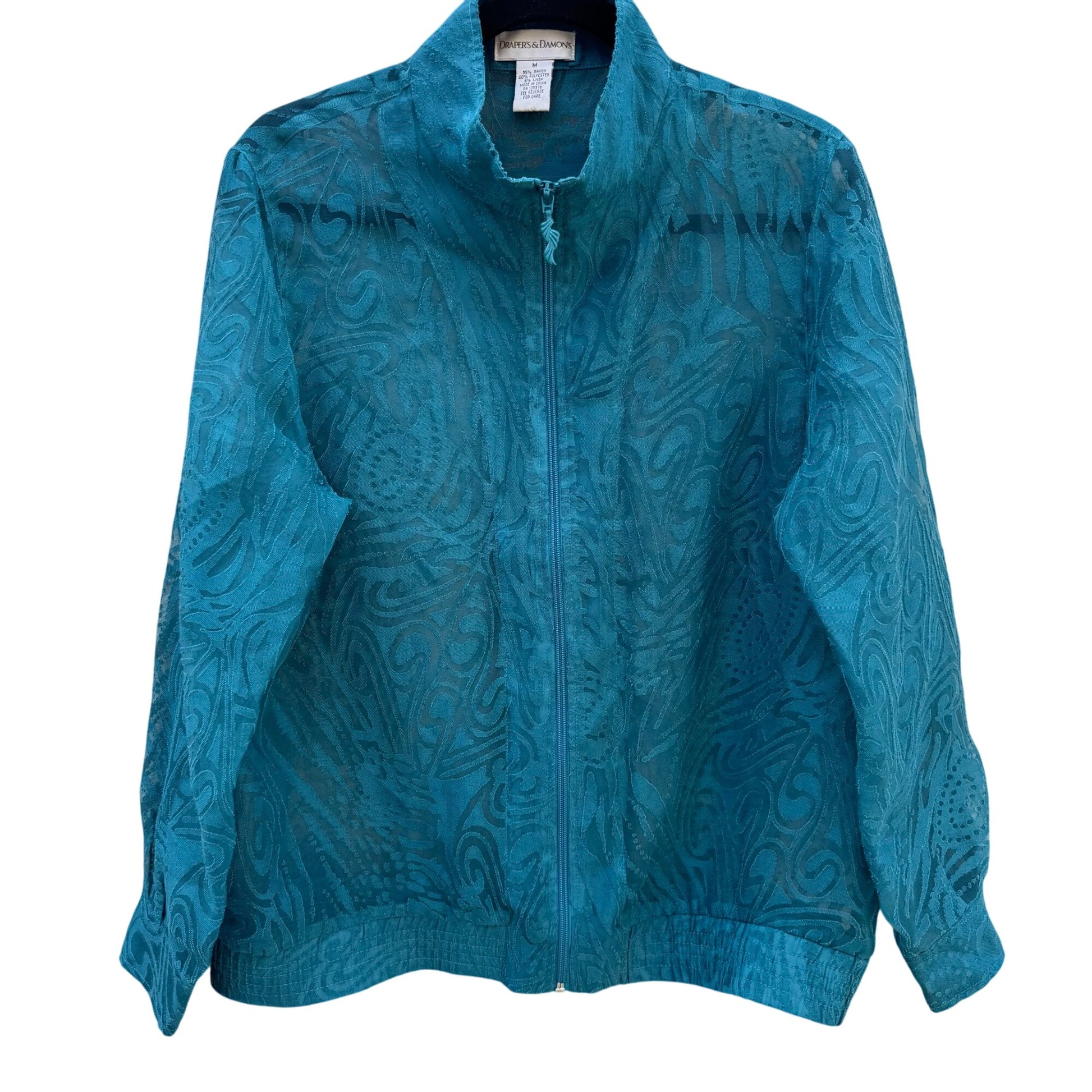 Drapers & Damons Sheer Vintage Womens Teal Lightweight Floral Boho Zip Jacket M