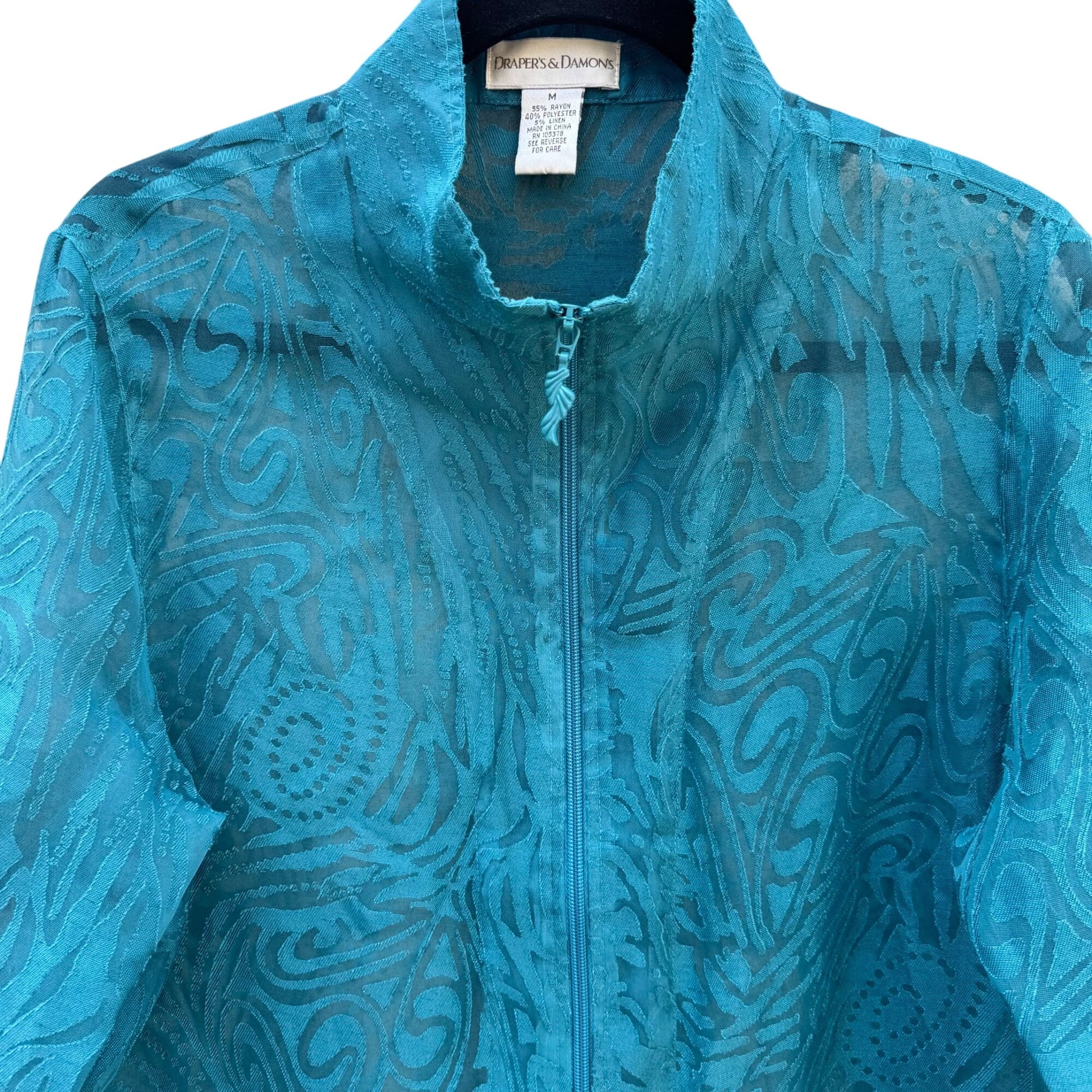 Drapers & Damons Sheer Vintage Womens Teal Lightweight Floral Boho Zip Jacket M
