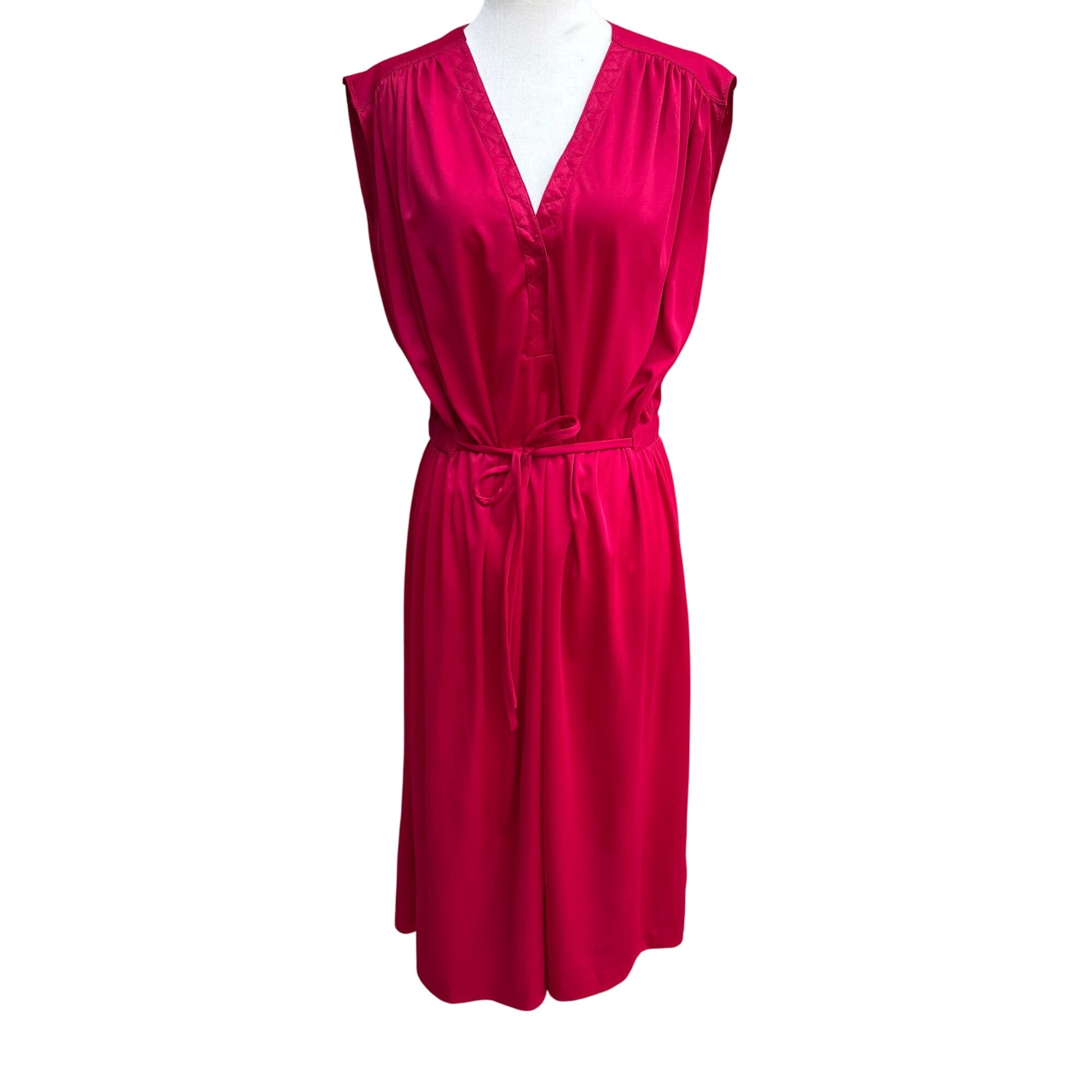 Vintage Womens Liquid Knit Red Sleeveless V Neck Elastic Tie Waist Midi Dress