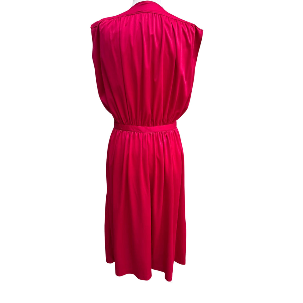 Vintage Womens Liquid Knit Red Sleeveless V Neck Elastic Tie Waist Midi Dress