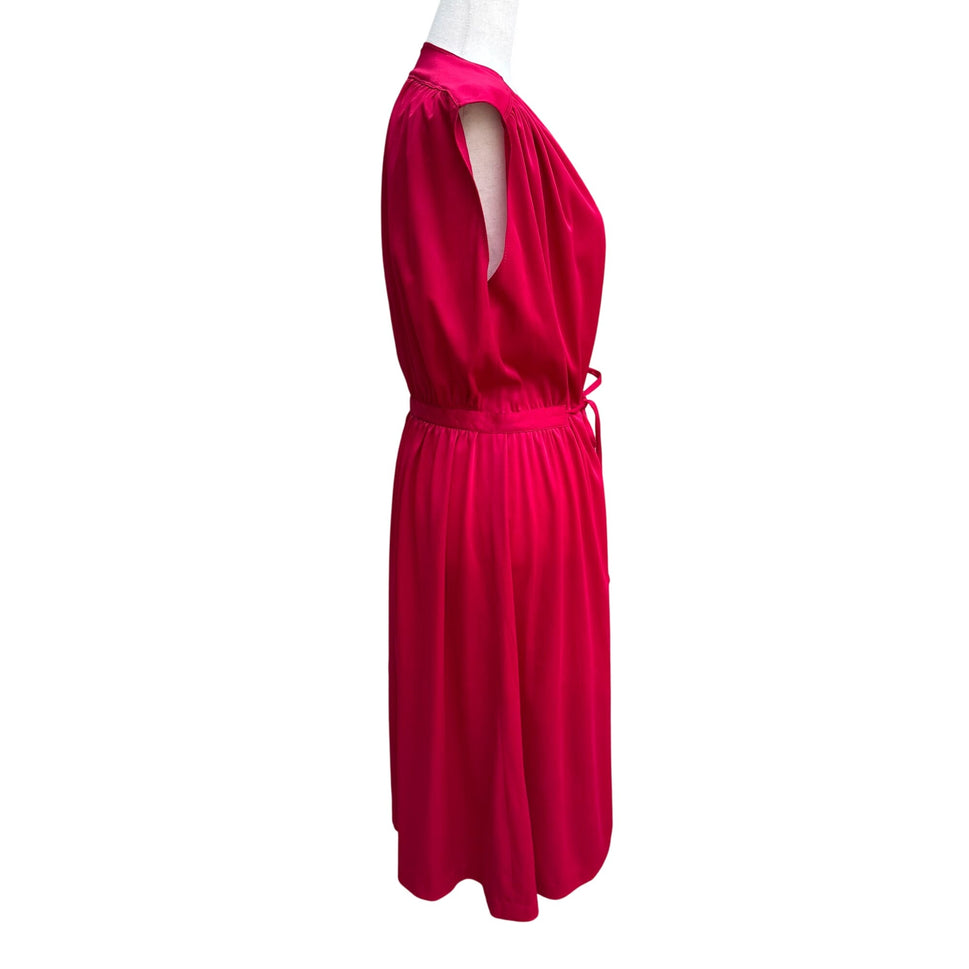 Vintage Womens Liquid Knit Red Sleeveless V Neck Elastic Tie Waist Midi Dress