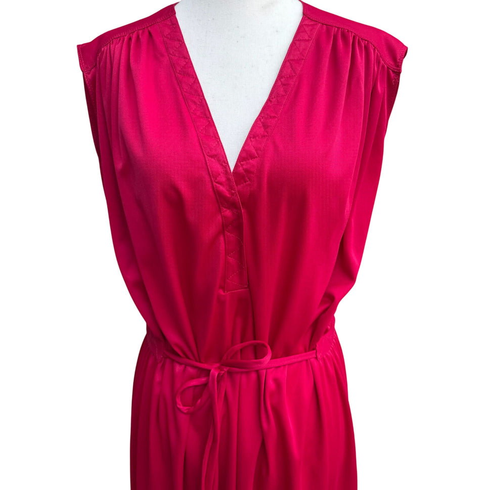 Vintage Womens Liquid Knit Red Sleeveless V Neck Elastic Tie Waist Midi Dress