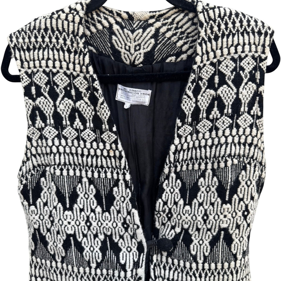 El Greco Tsitsibacos Bros Vintage Wool Greek Pattern Vest Black White Bohemian