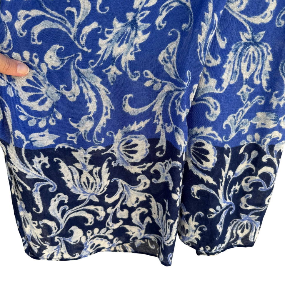 Isaac Mizrahi Womens Delft Blue Floral Boho Rectangle Old Money Scarf Wrap Shawl