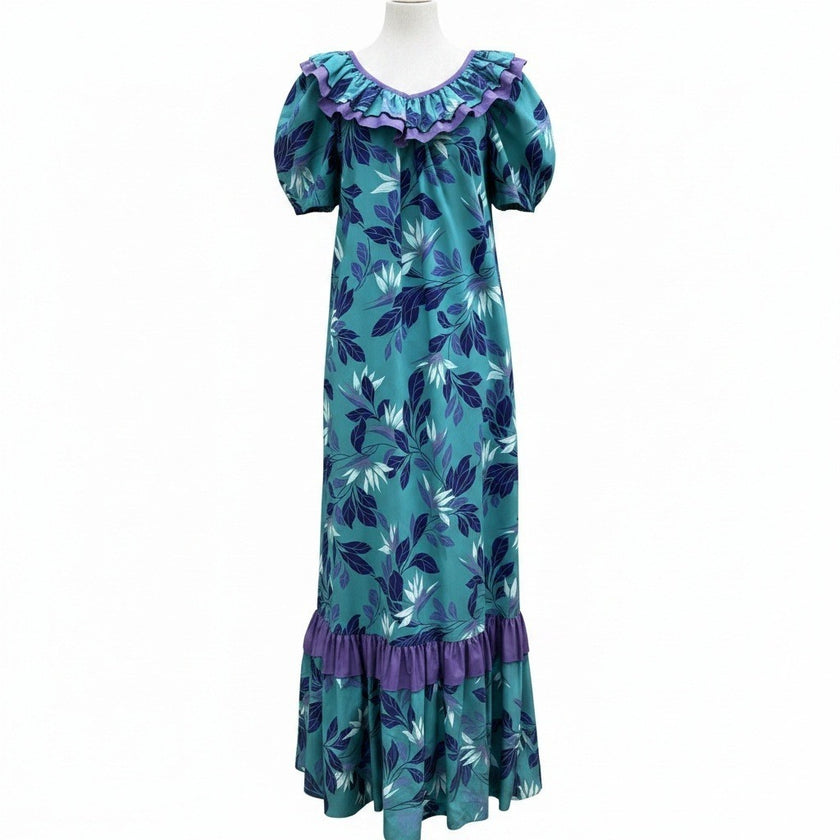 Hilo Hattie Teal Purple Floral Ruffle Muumuu Maxi Dress Made in Hawaii 676 Sze 6