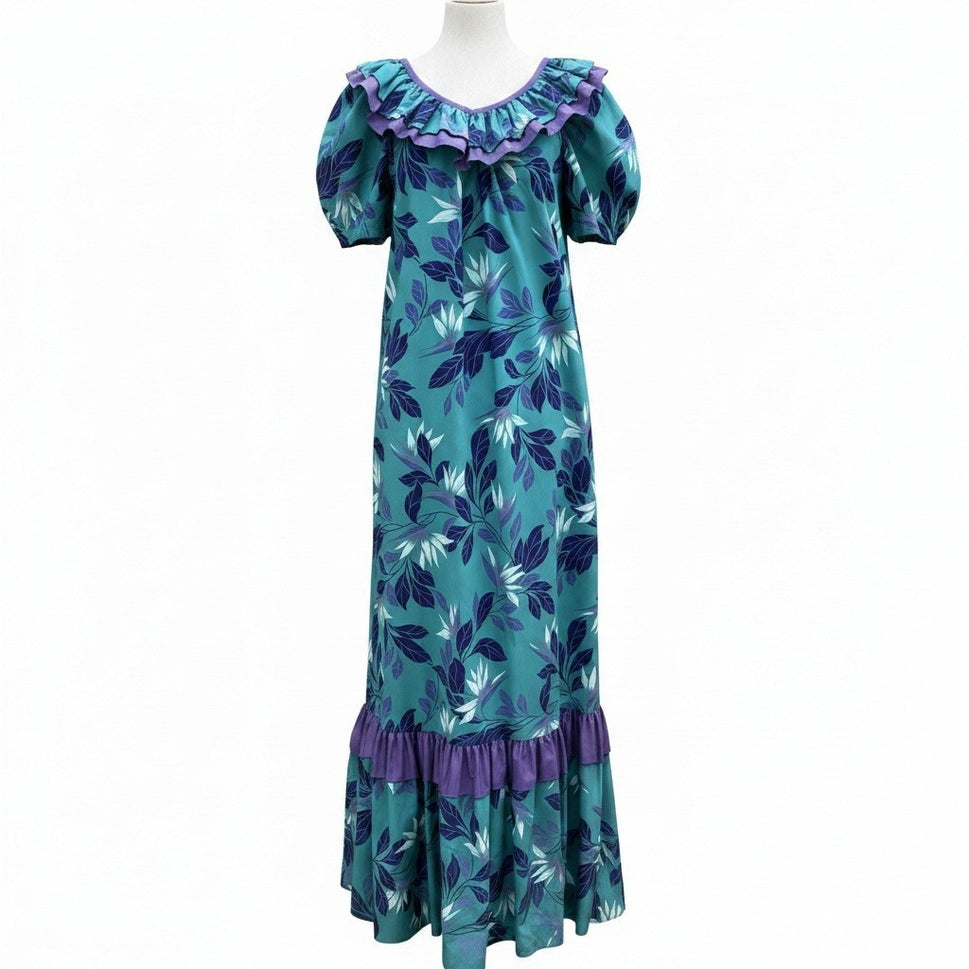 Hilo Hattie Teal Purple Floral Ruffle Muumuu Maxi Dress Made in Hawaii 676 Sze 6