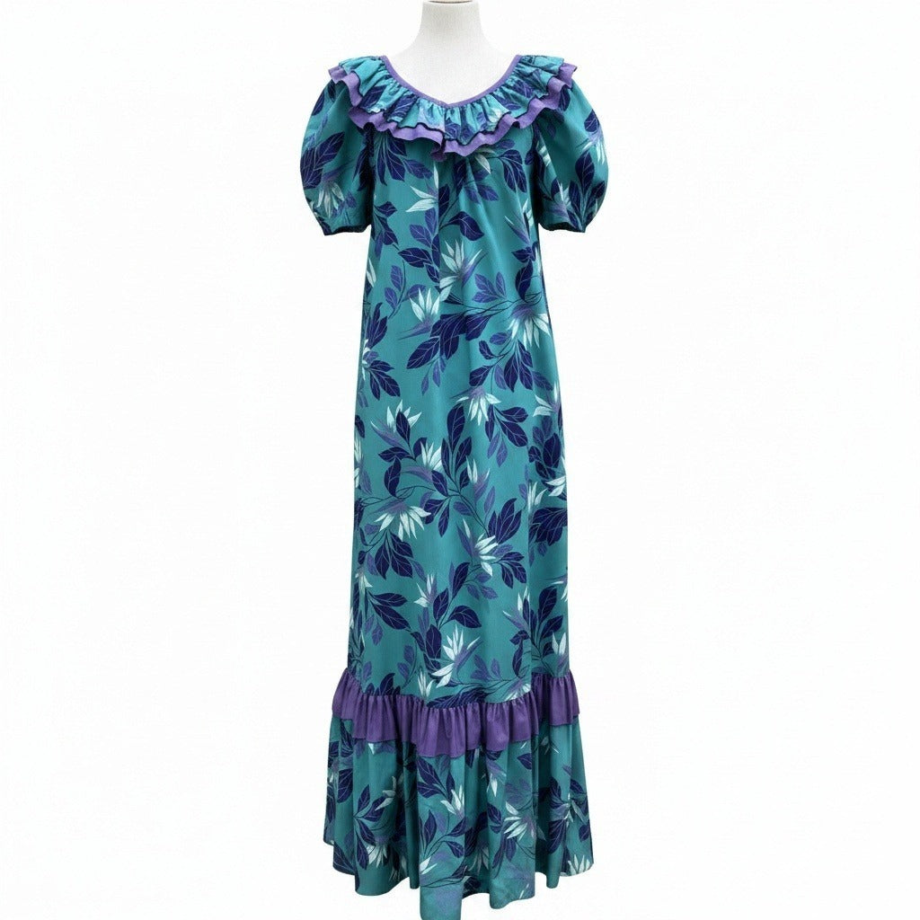 Hilo Hattie Teal Purple Floral Ruffle Muumuu Maxi Dress Made in Hawaii 676 Sze 6