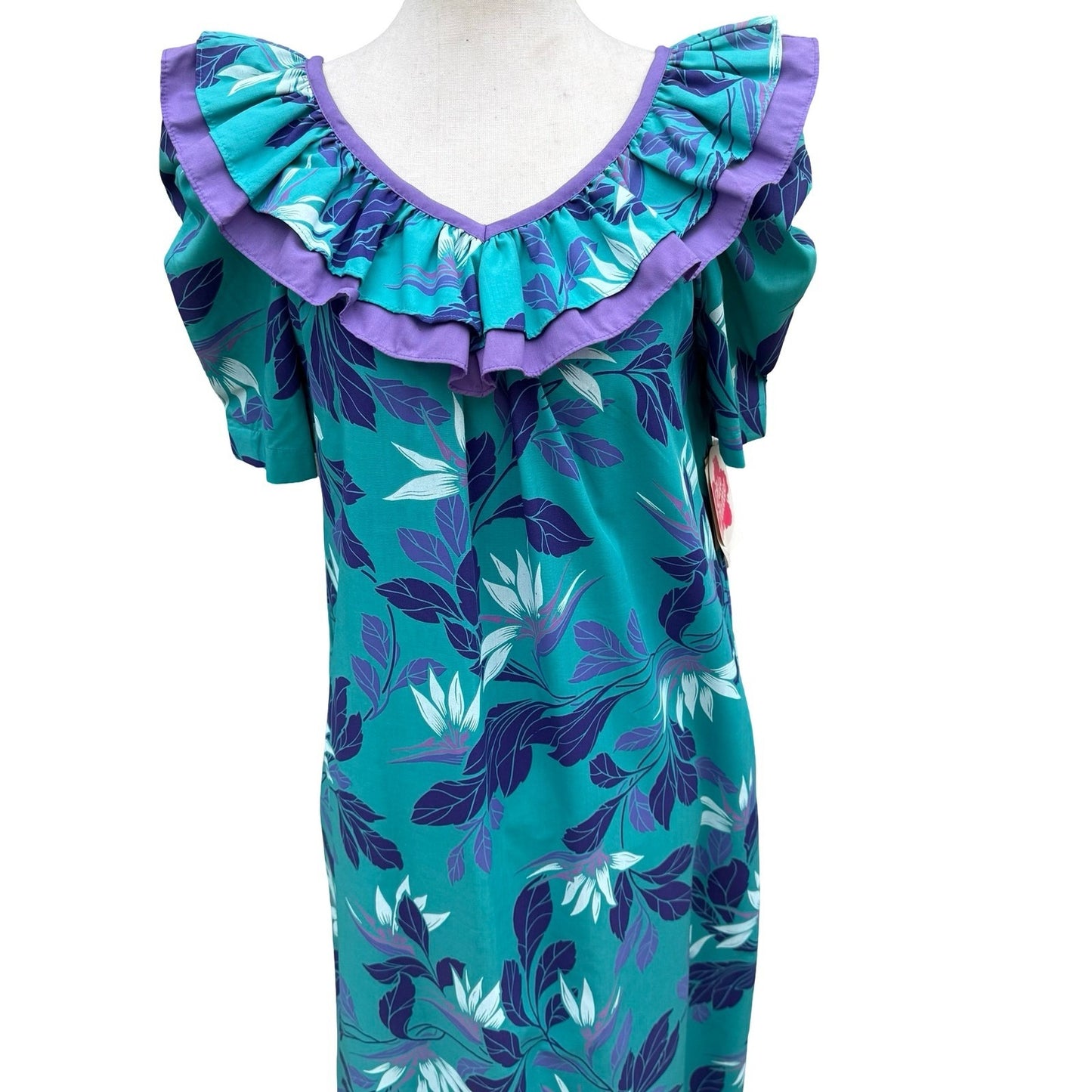 Hilo Hattie Teal Purple Floral Ruffle Muumuu Maxi Dress Made in Hawaii 676 Sze 6