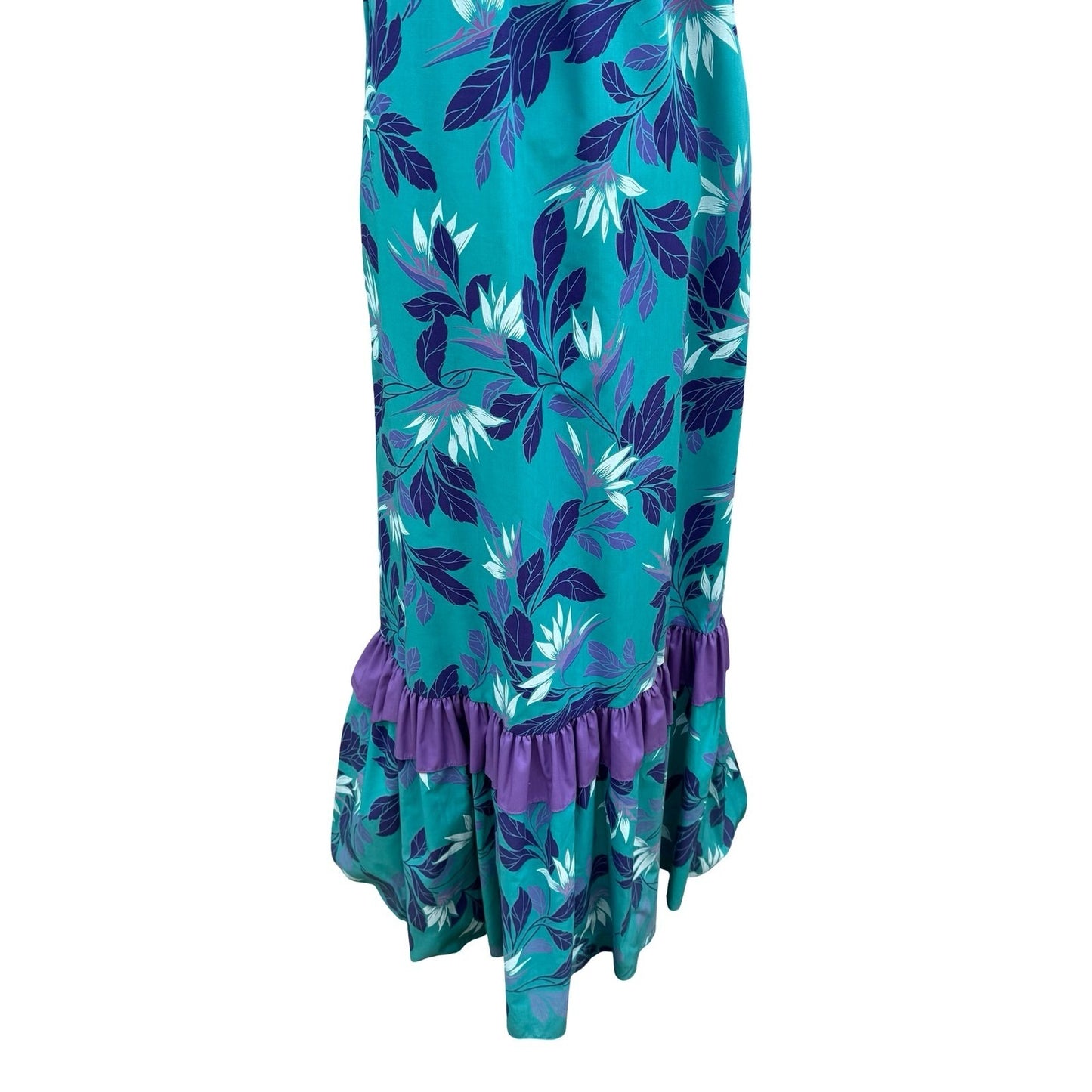 Hilo Hattie Teal Purple Floral Ruffle Muumuu Maxi Dress Made in Hawaii 676 Sze 6