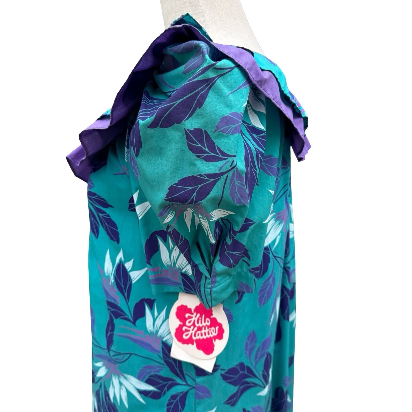 Hilo Hattie Teal Purple Floral Ruffle Muumuu Maxi Dress Made in Hawaii 676 Sze 6