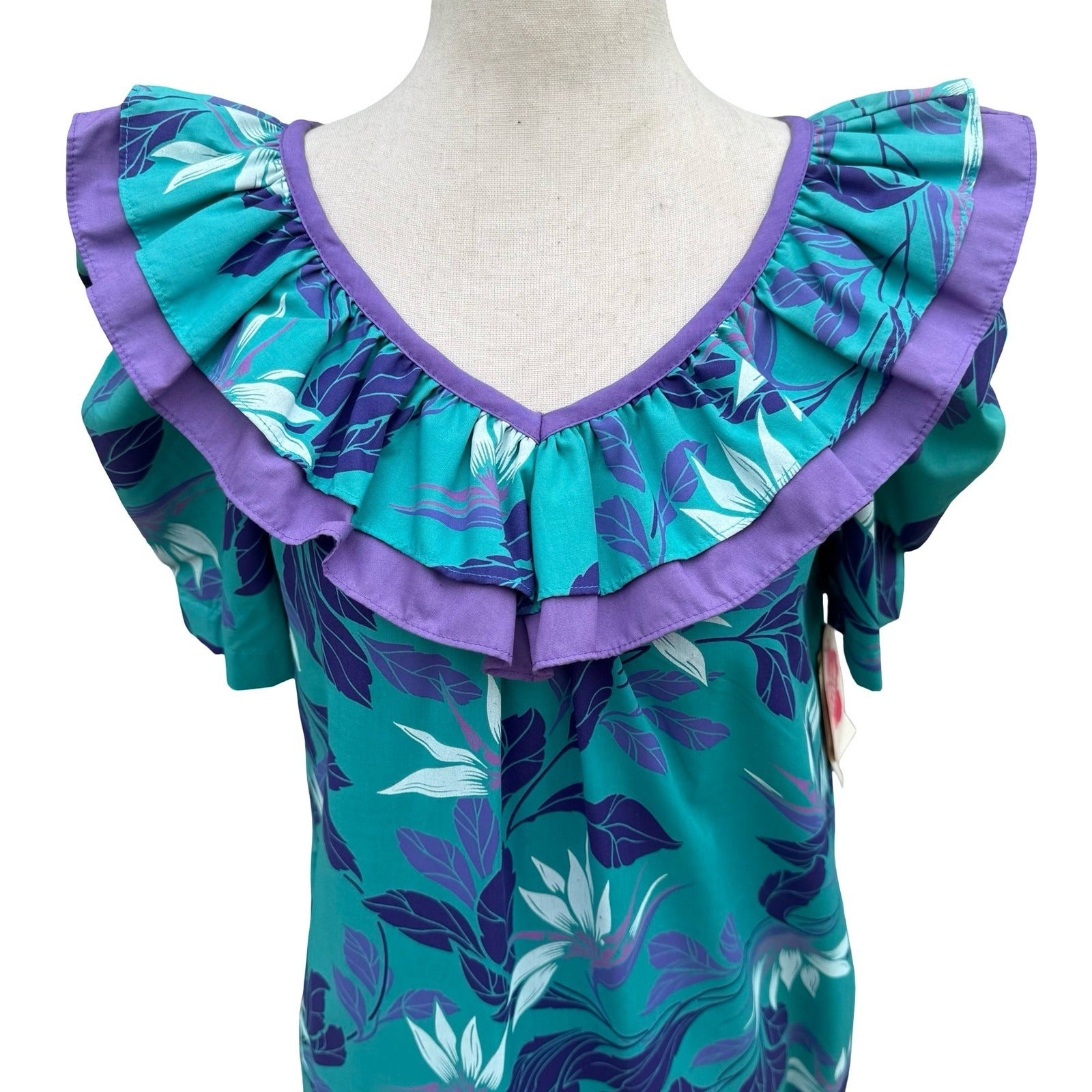 Hilo Hattie Teal Purple Floral Ruffle Muumuu Maxi Dress Made in Hawaii 676 Sze 6