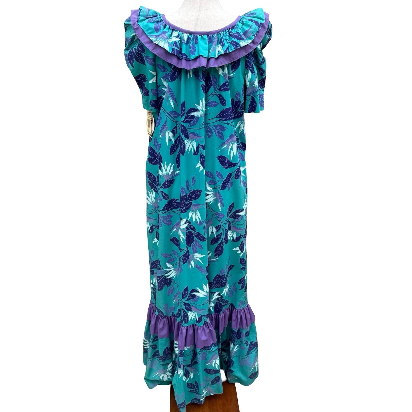 Hilo Hattie Teal Purple Floral Ruffle Muumuu Maxi Dress Made in Hawaii 676 Sze 6