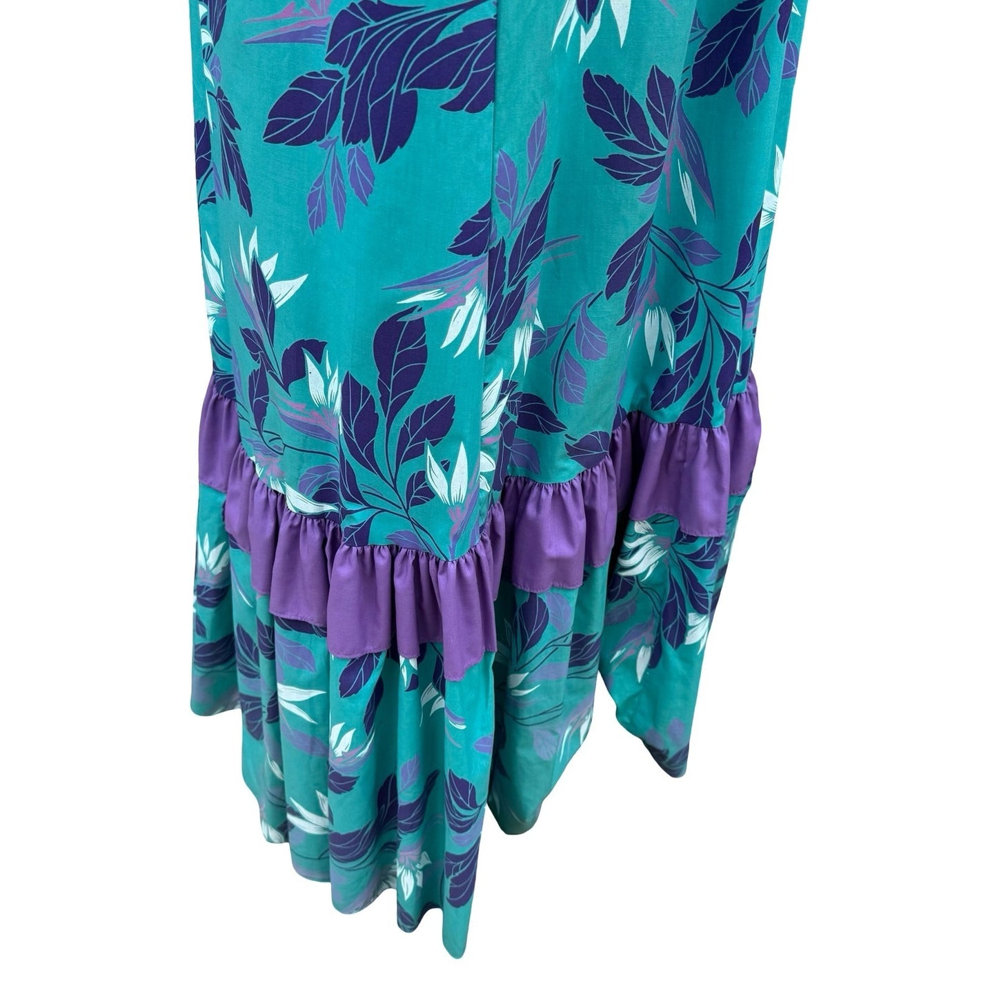 Hilo Hattie Teal Purple Floral Ruffle Muumuu Maxi Dress Made in Hawaii 676 Sze 6