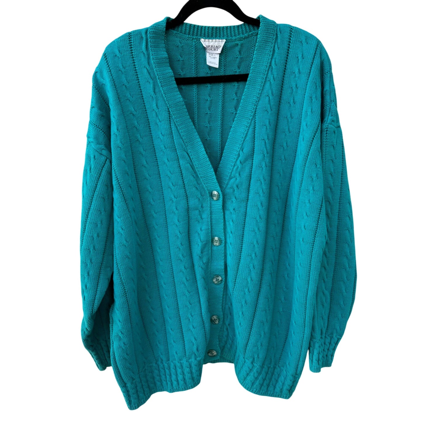 Carriage Court Vintage Womens Turquoise Cable Knit Cottage Cardigan Sweater L