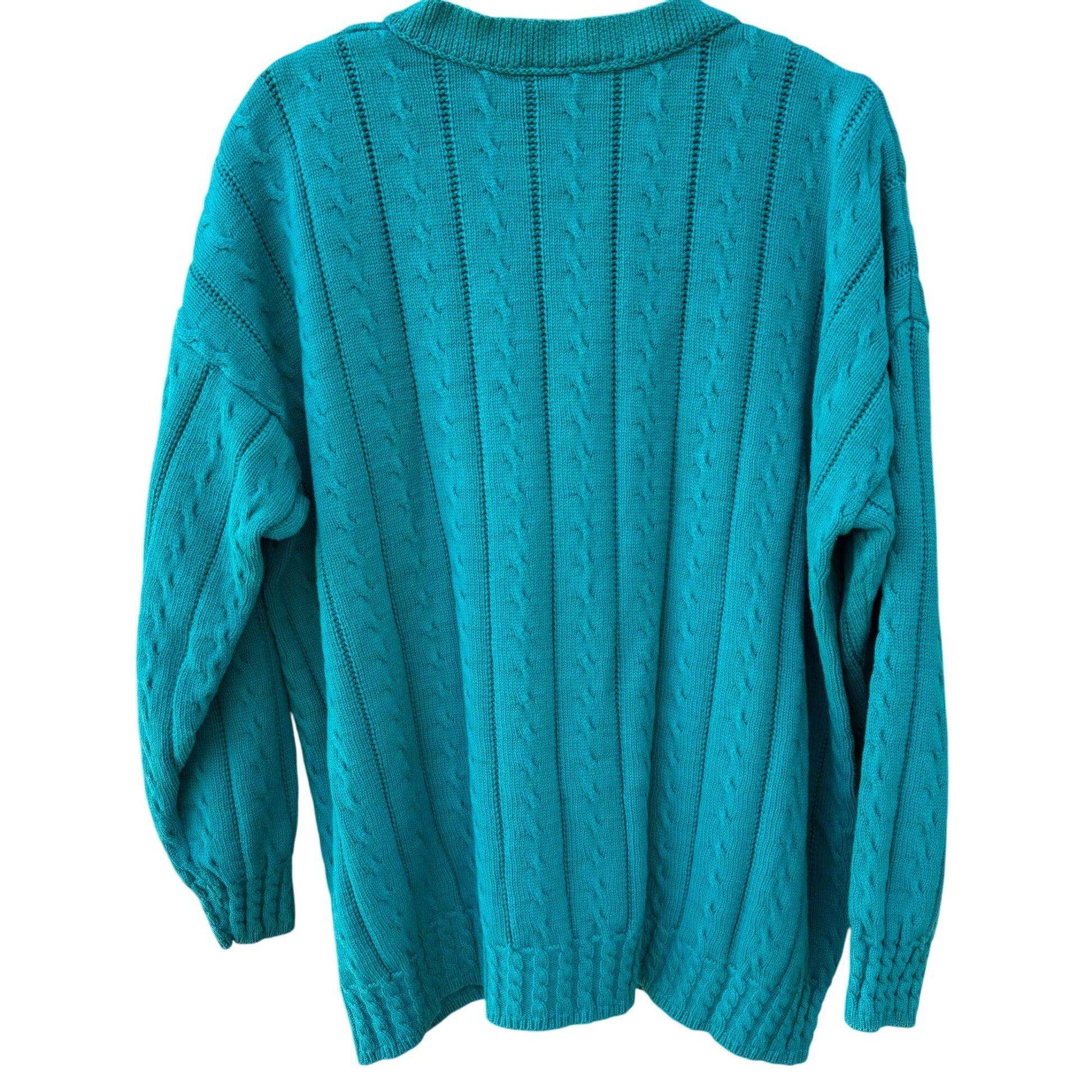 Carriage Court Vintage Womens Turquoise Cable Knit Cottage Cardigan Sweater L