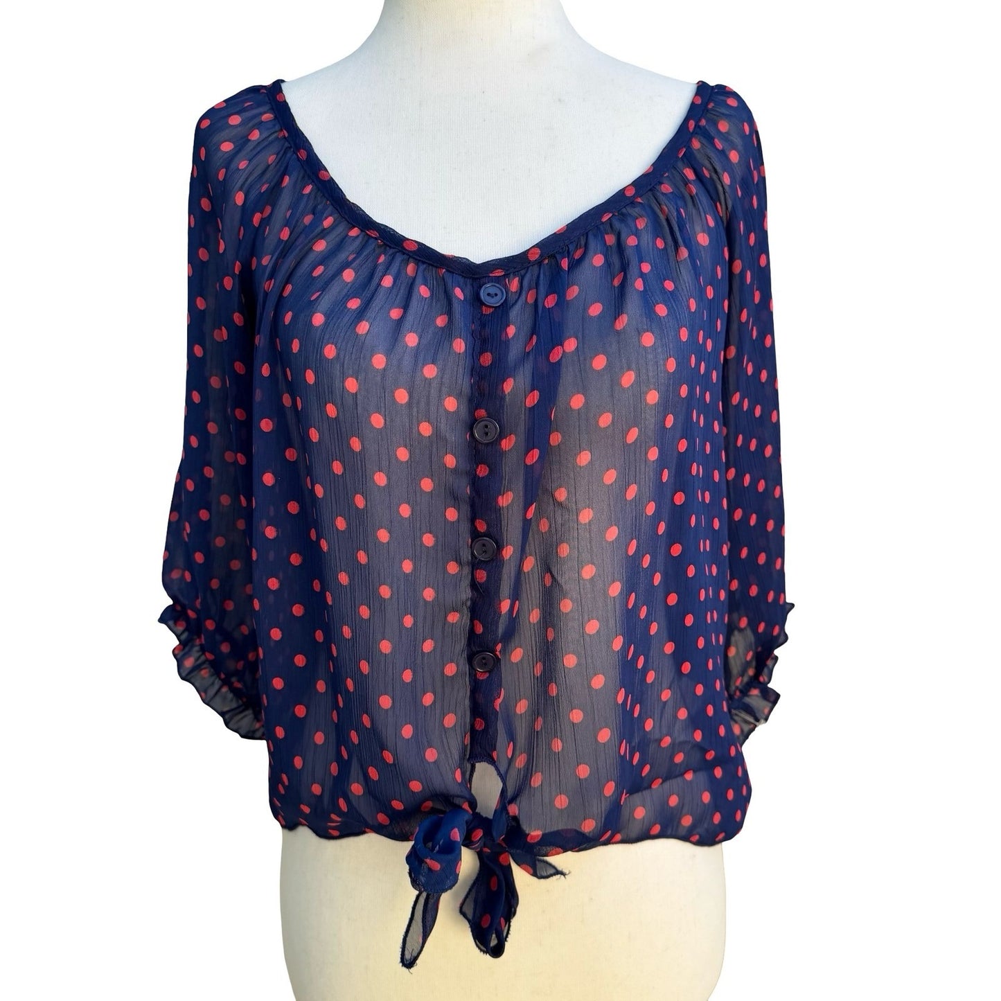 Color of Love Rockabilly Pinup Chiffon Polka Dot Tie Boho Sheer Navy Blouse M