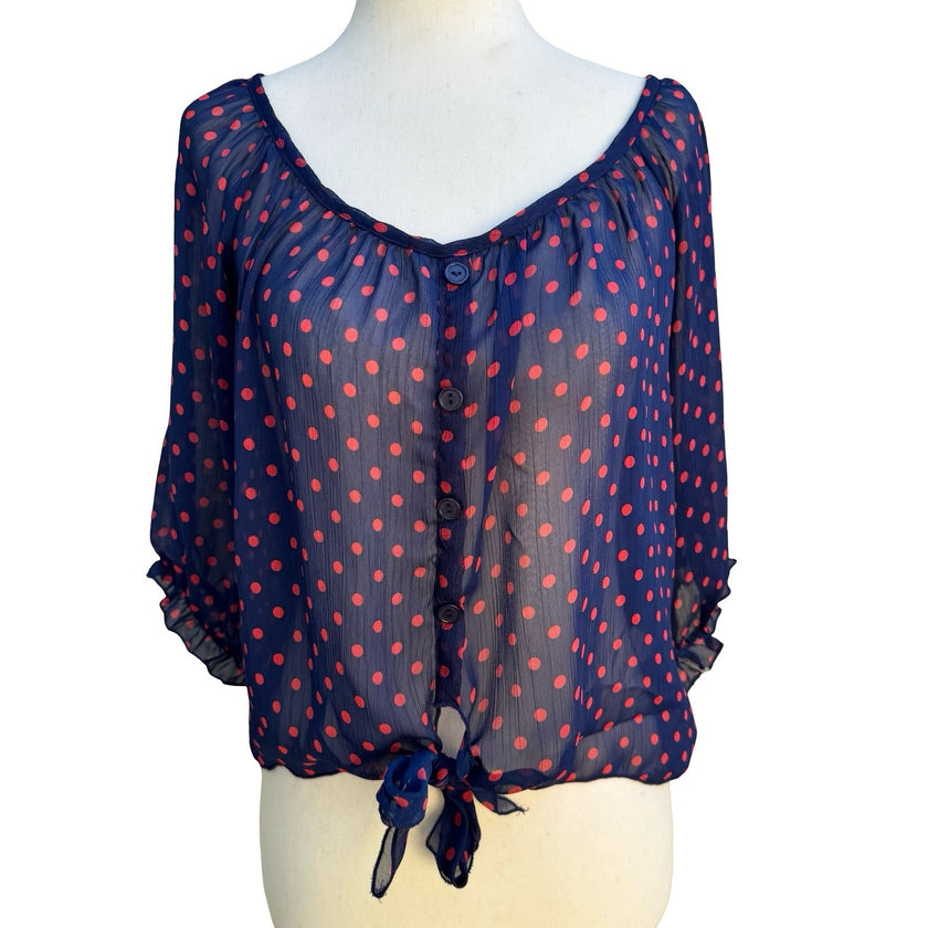 Color of Love Rockabilly Pinup Chiffon Polka Dot Tie Boho Sheer Navy Blouse M