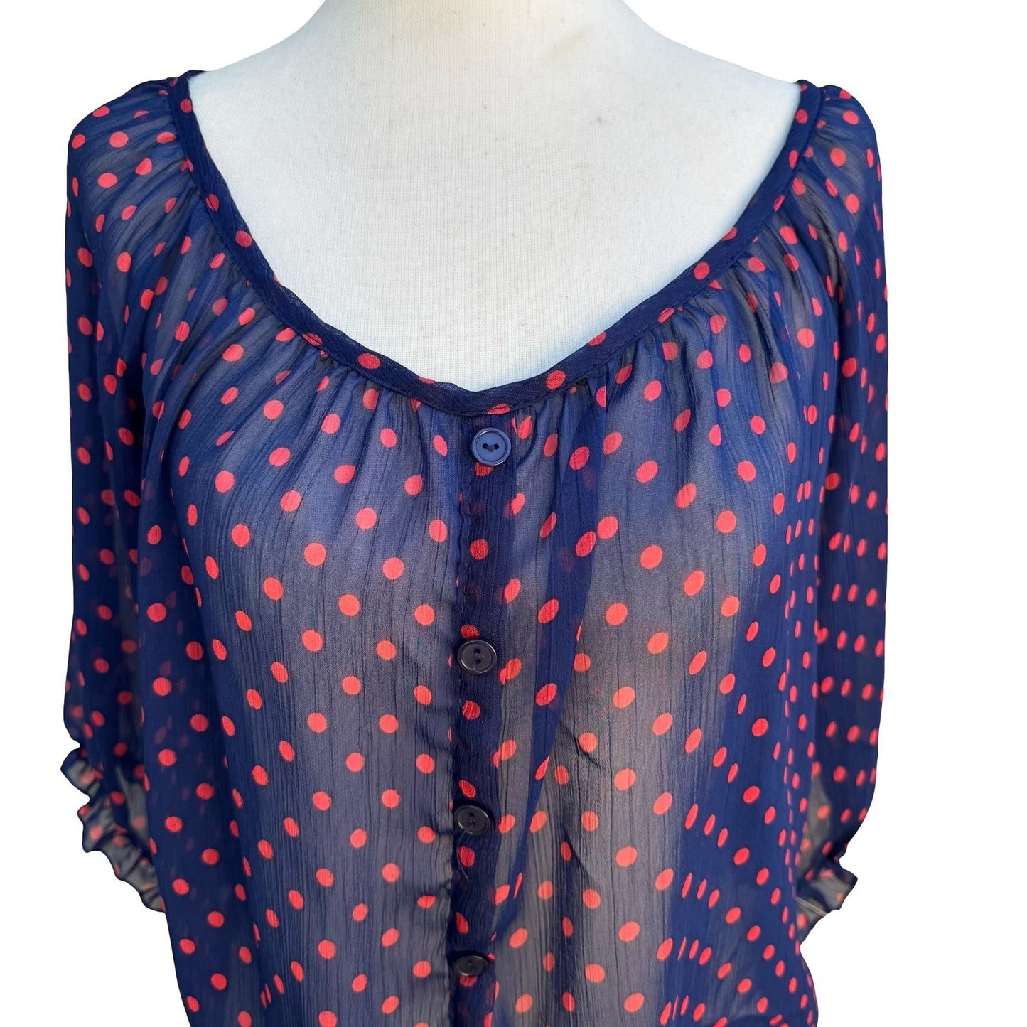 Color of Love Rockabilly Pinup Chiffon Polka Dot Tie Boho Sheer Navy Blouse M