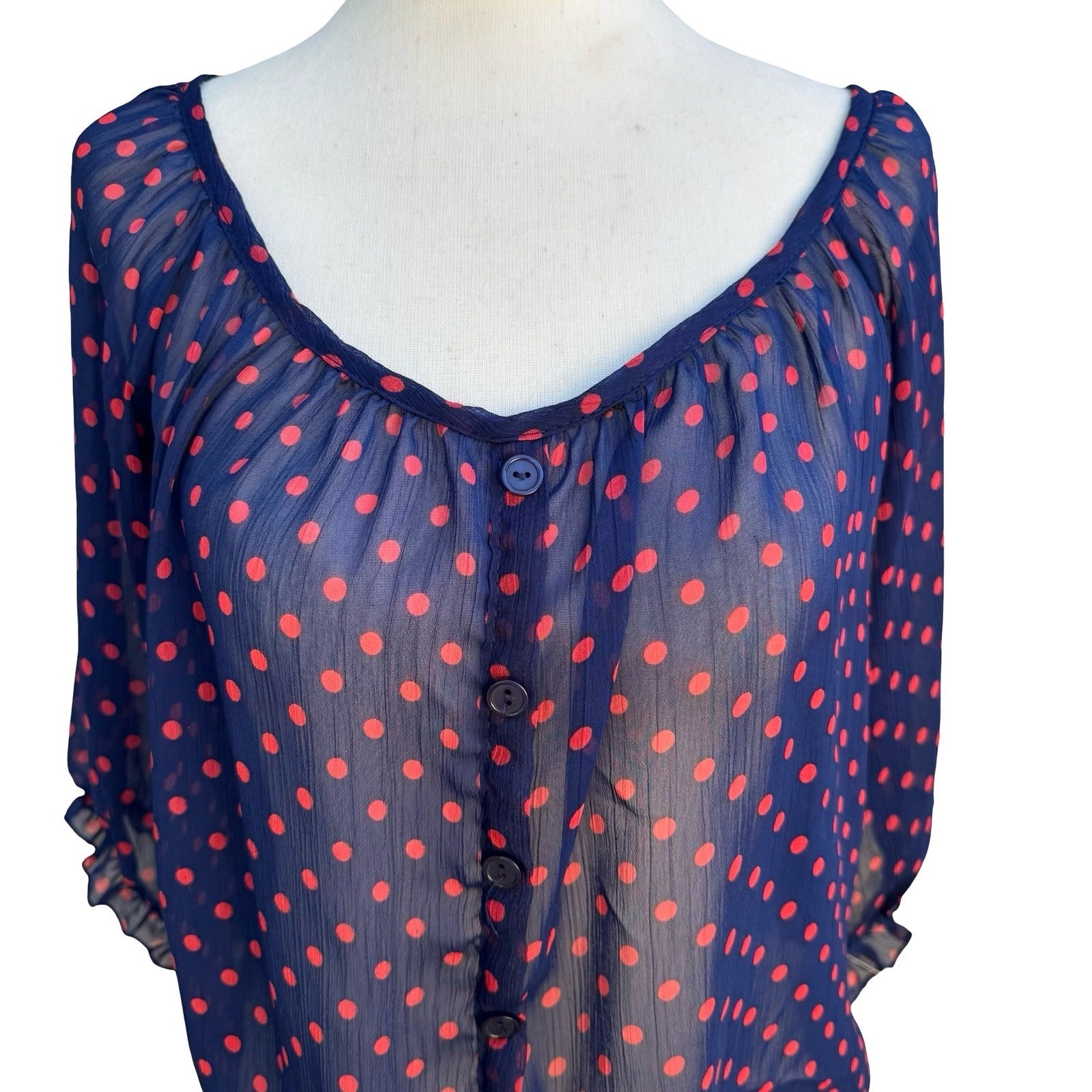 Color of Love Rockabilly Pinup Chiffon Polka Dot Tie Boho Sheer Navy Blouse M