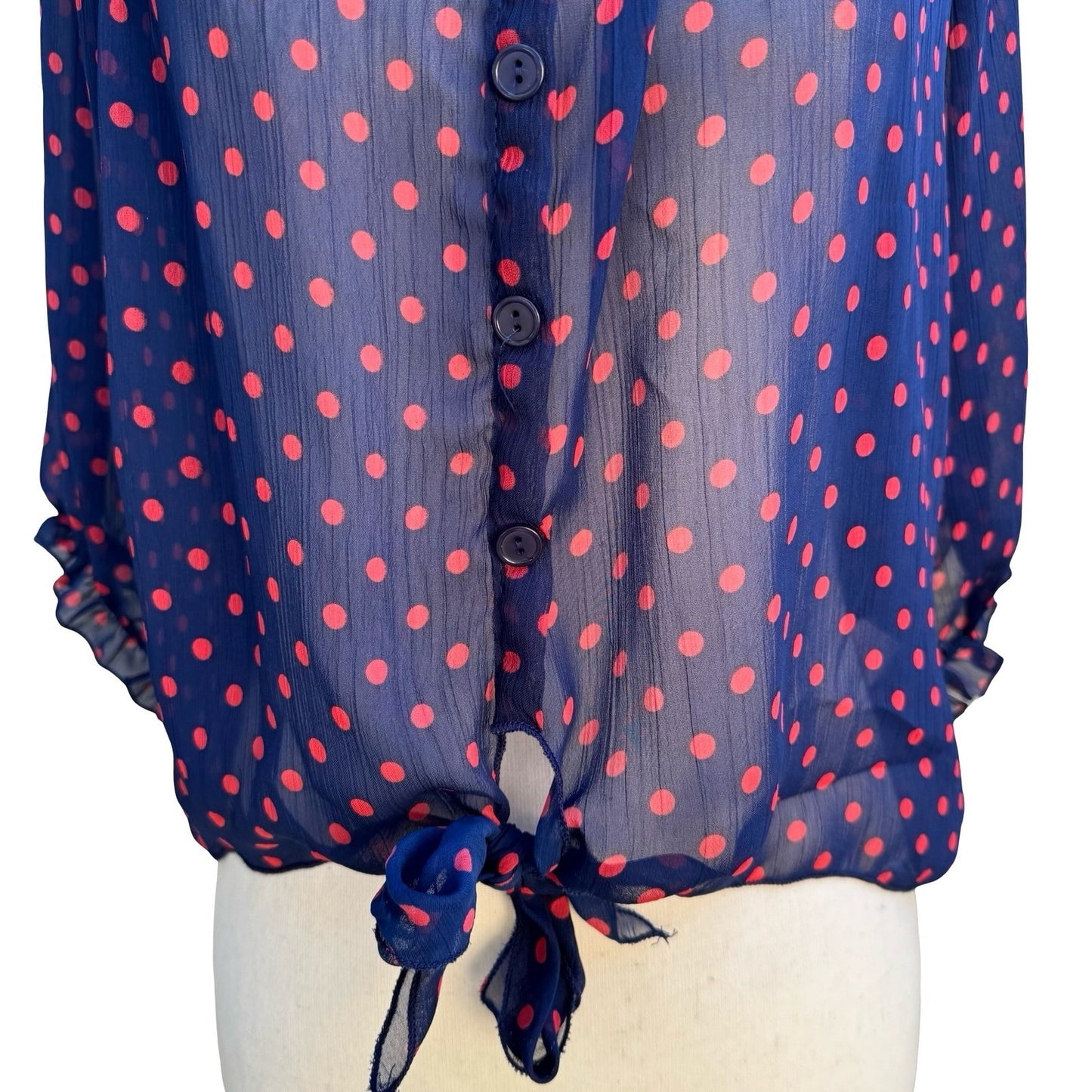 Color of Love Rockabilly Pinup Chiffon Polka Dot Tie Boho Sheer Navy Blouse M