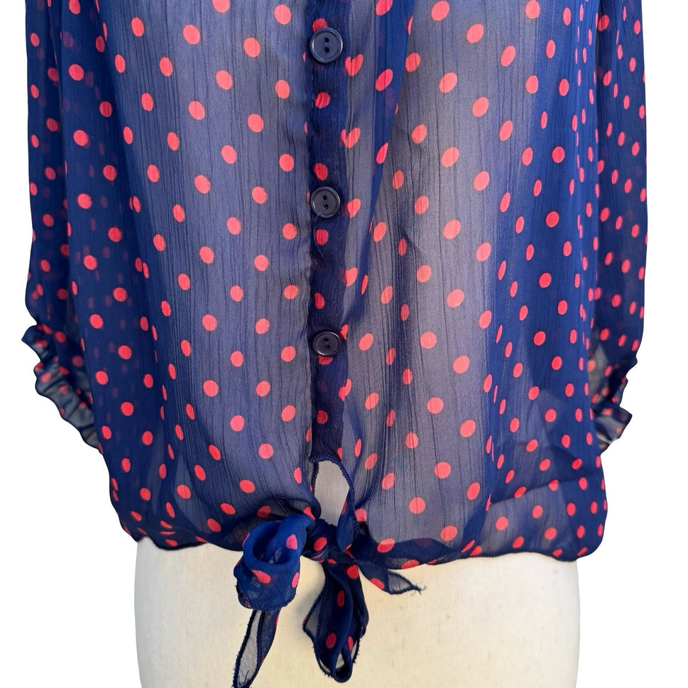 Color of Love Rockabilly Pinup Chiffon Polka Dot Tie Boho Sheer Navy Blouse M