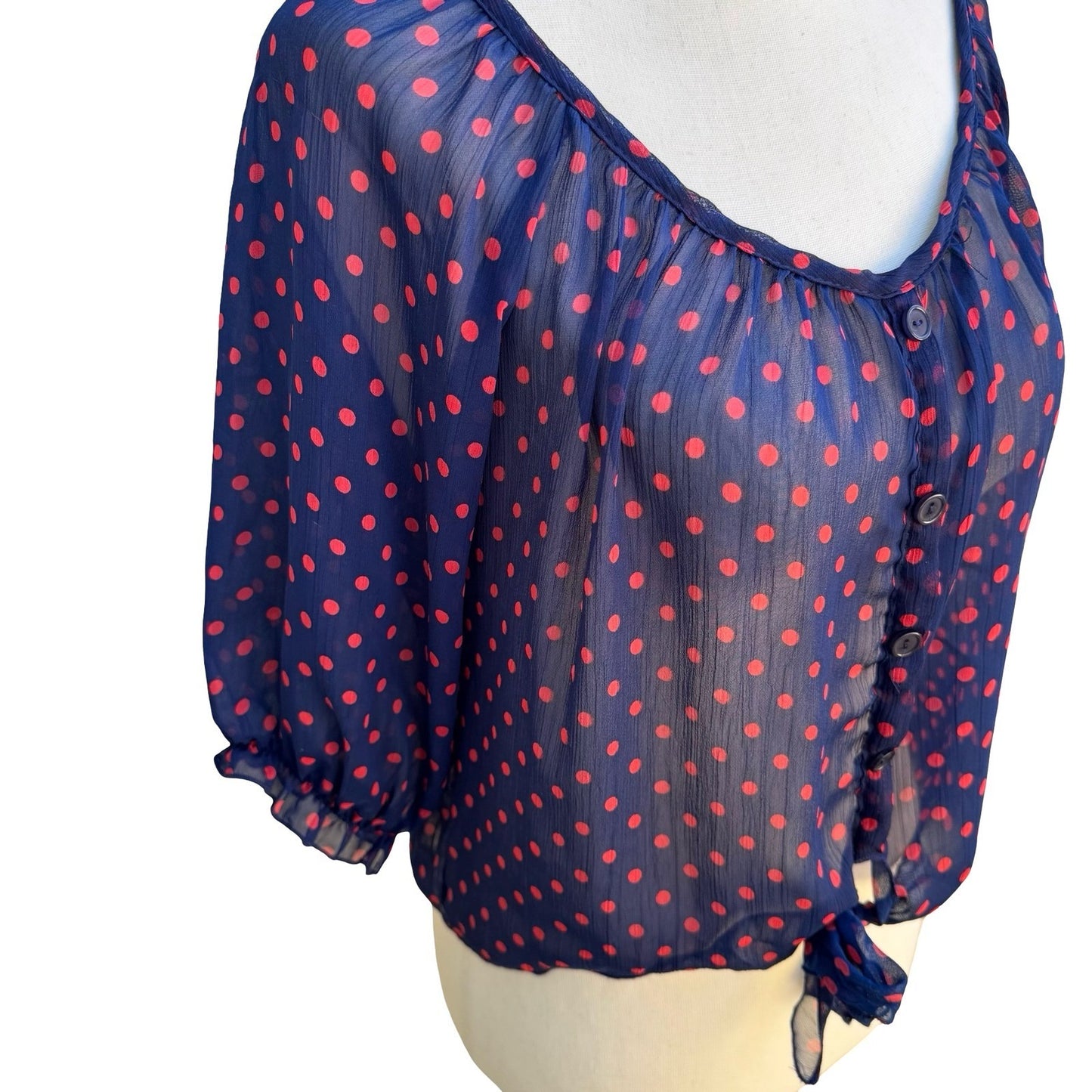 Color of Love Rockabilly Pinup Chiffon Polka Dot Tie Boho Sheer Navy Blouse M