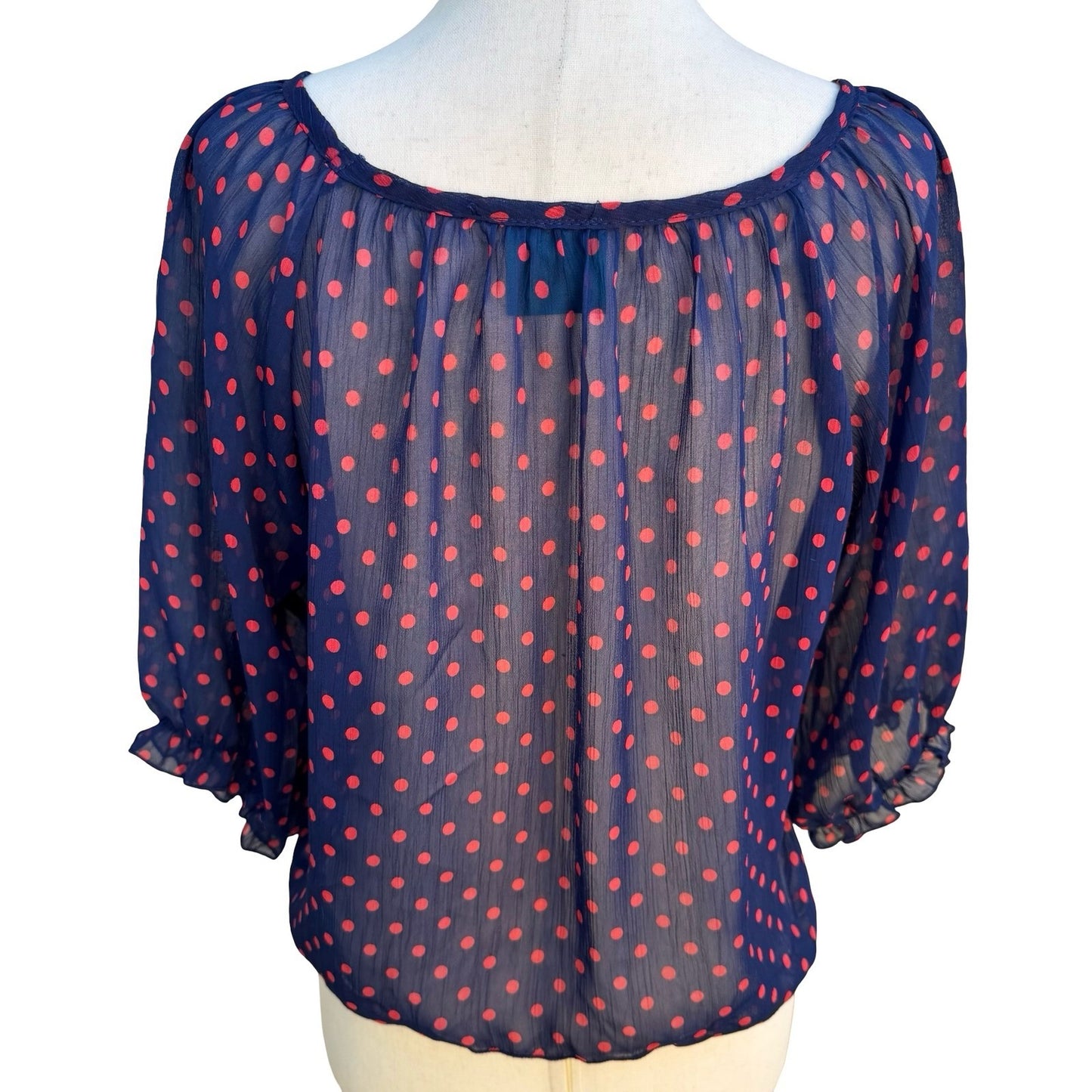 Color of Love Rockabilly Pinup Chiffon Polka Dot Tie Boho Sheer Navy Blouse M