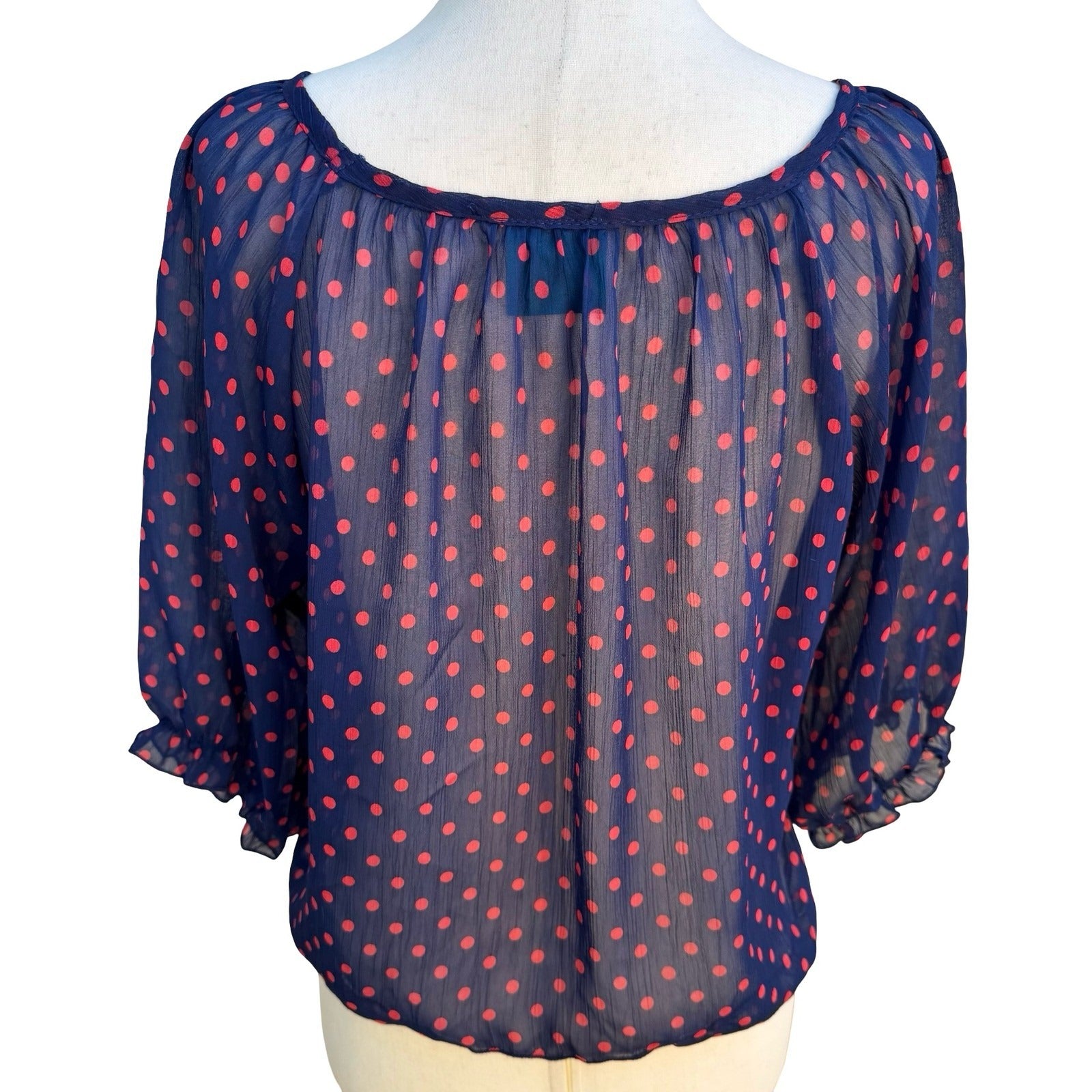 Color of Love Rockabilly Pinup Chiffon Polka Dot Tie Boho Sheer Navy Blouse M