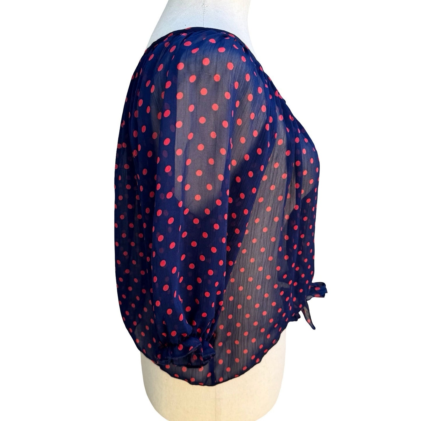 Color of Love Rockabilly Pinup Chiffon Polka Dot Tie Boho Sheer Navy Blouse M