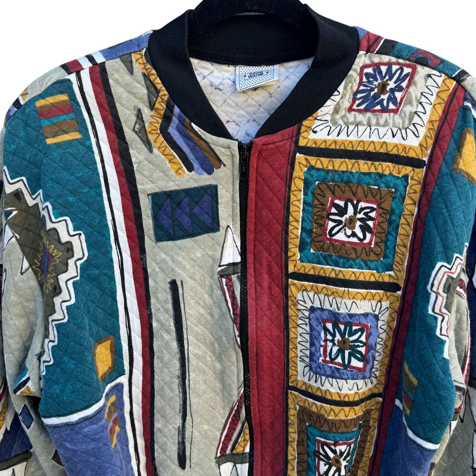 David Wayne Vintage Womens Quilted Geometric Print Retro Bomber Jacket Womens XL