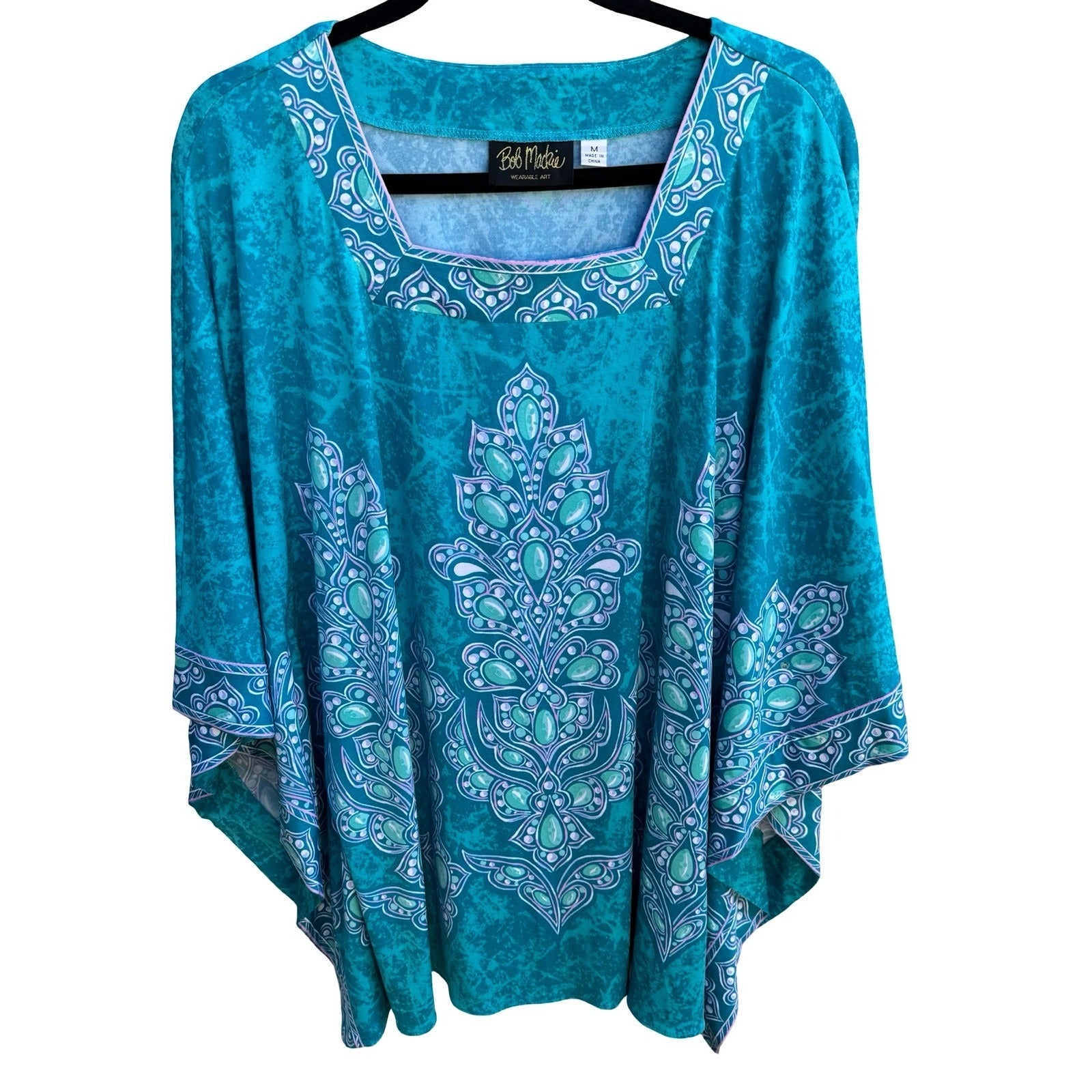 Bob Mackie Wearable Art Boho Resortwear Teal Paisley Kimono Sleeve Kaftan Top M