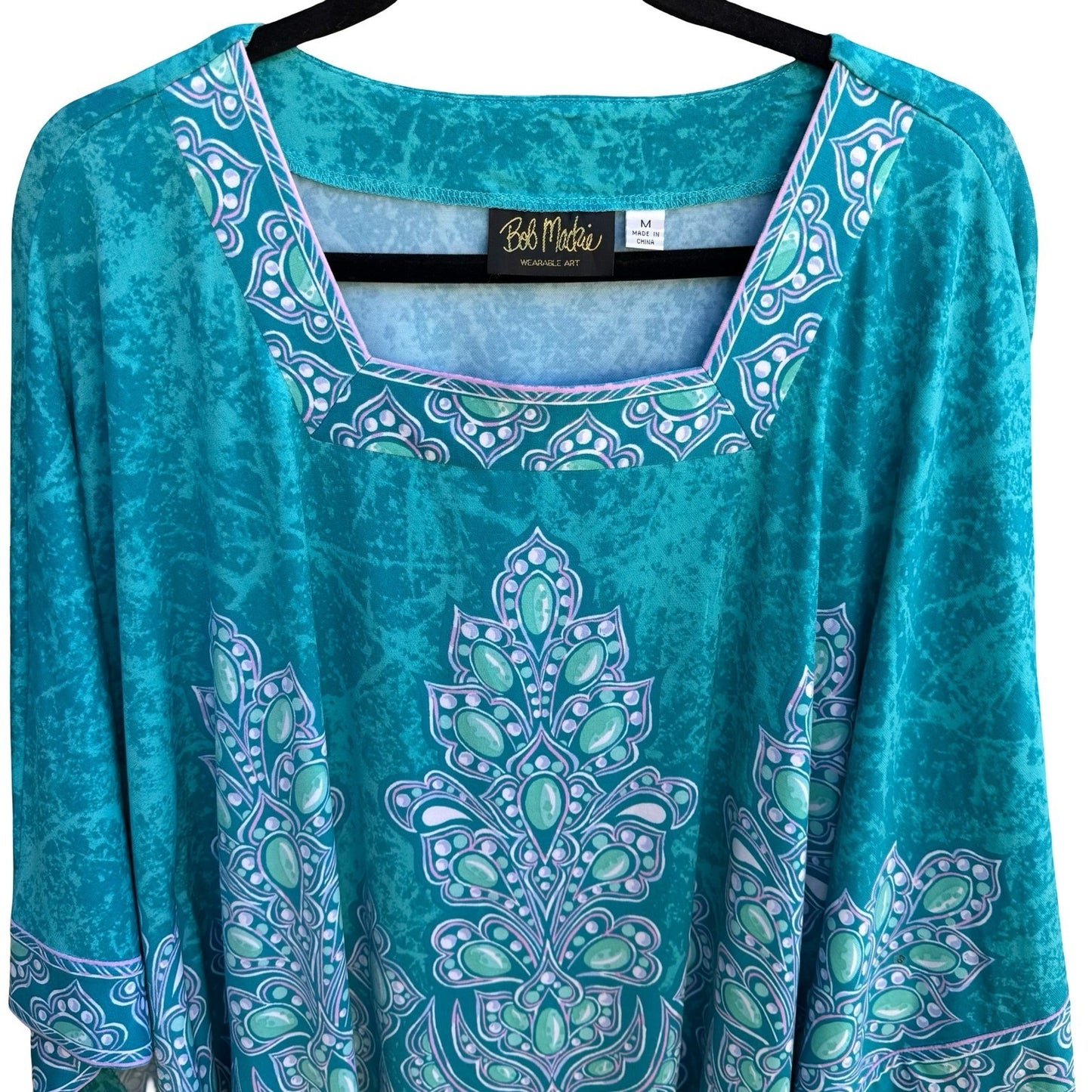 Bob Mackie Wearable Art Boho Resortwear Teal Paisley Kimono Sleeve Kaftan Top M