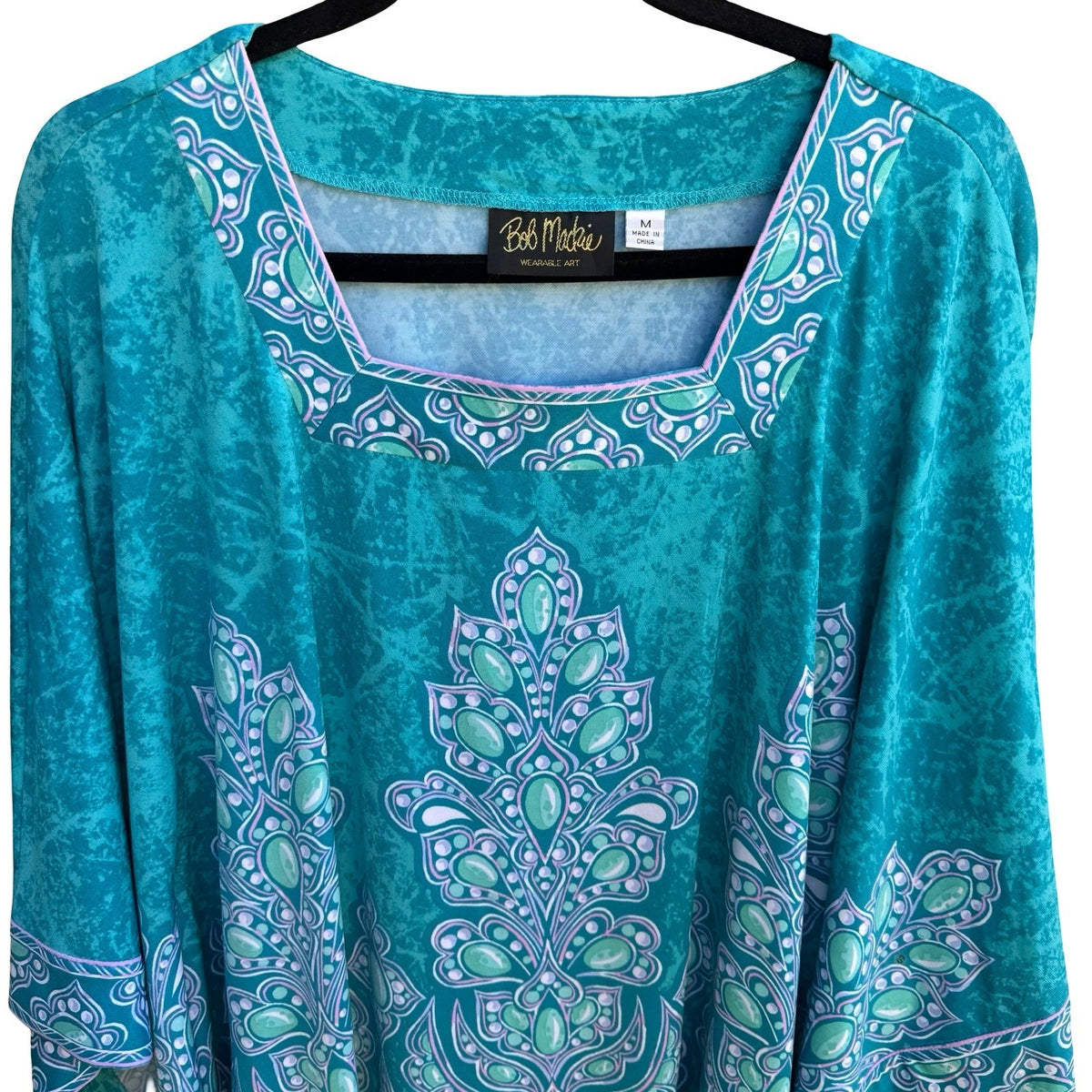 Bob Mackie Wearable Art Boho Resortwear Teal Paisley Kimono Sleeve Kaftan Top M