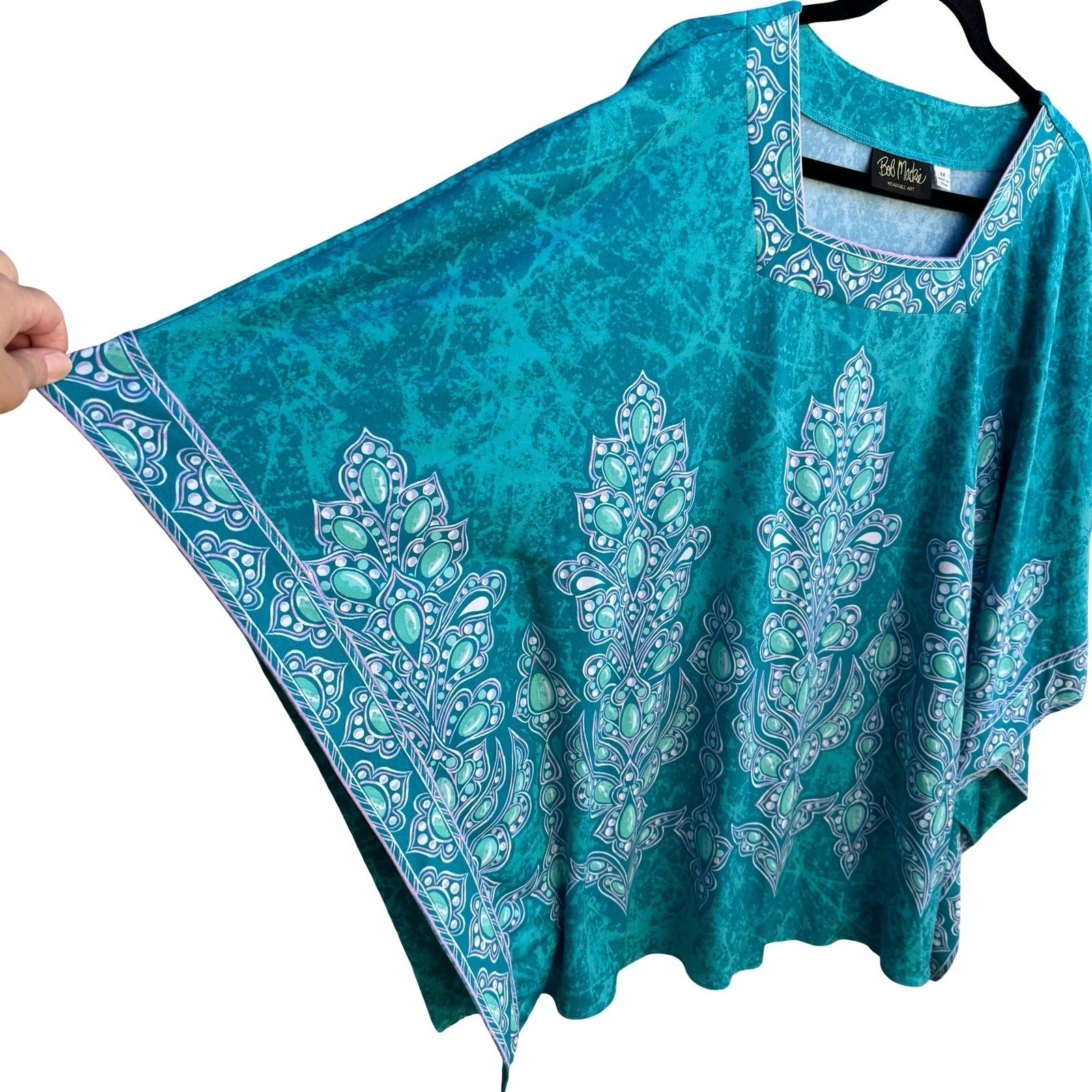 Bob Mackie Wearable Art Boho Resortwear Teal Paisley Kimono Sleeve Kaftan Top M