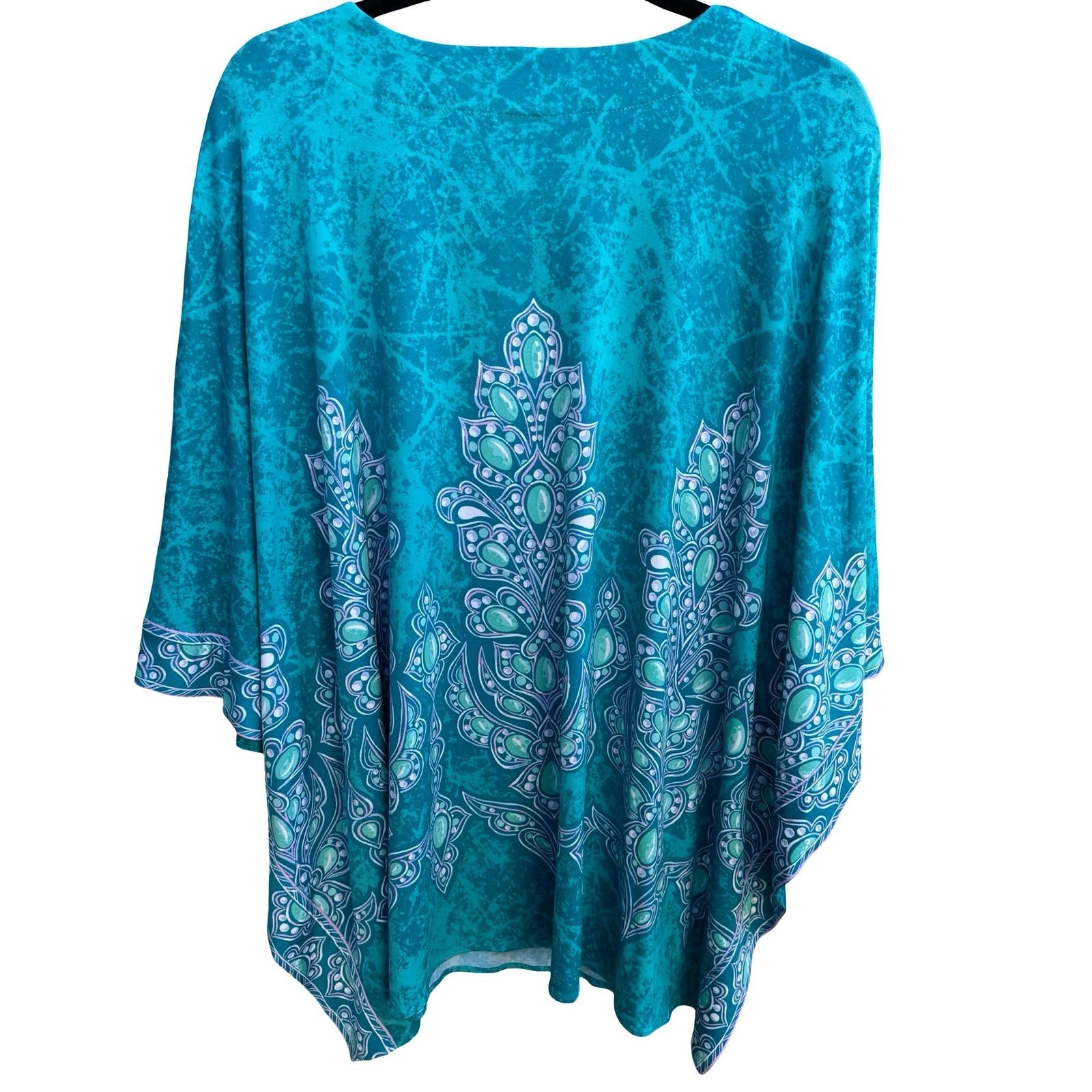 Bob Mackie Wearable Art Boho Resortwear Teal Paisley Kimono Sleeve Kaftan Top M