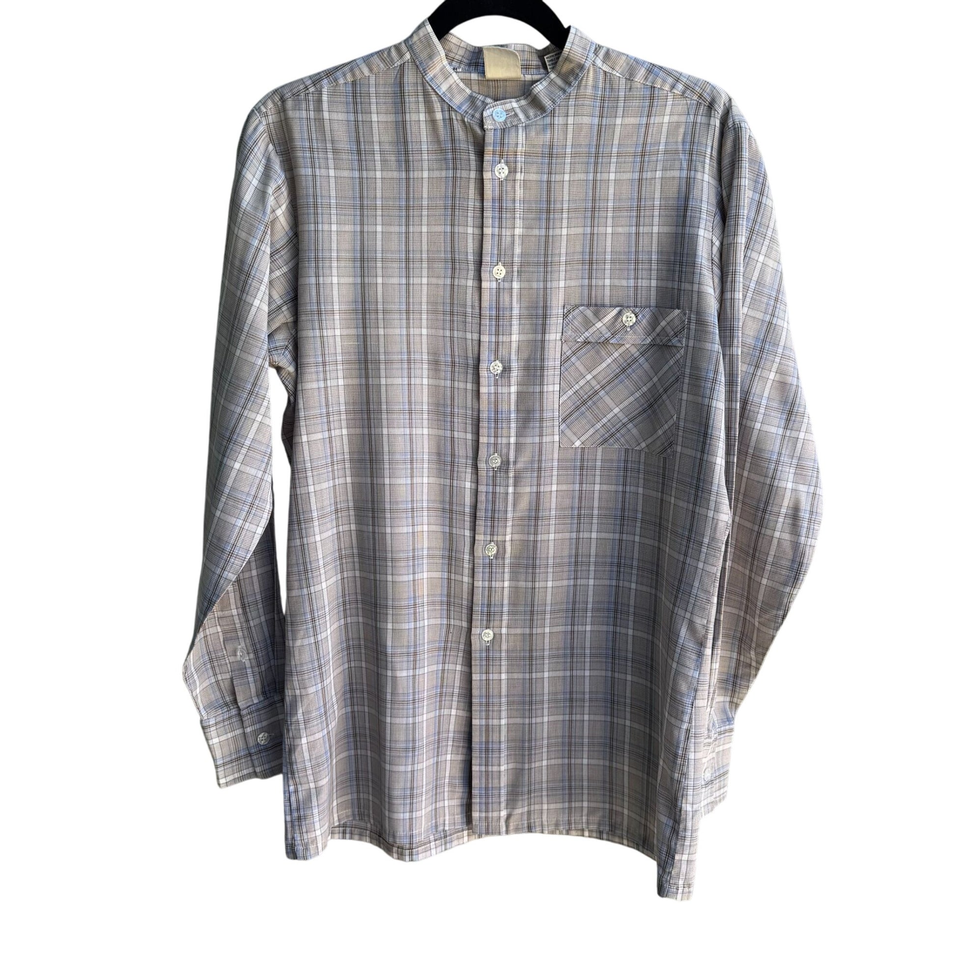 ESM Vintage Mens Band Collar Button-Up Blue Brown Retro Preppy Plaid Shirt M