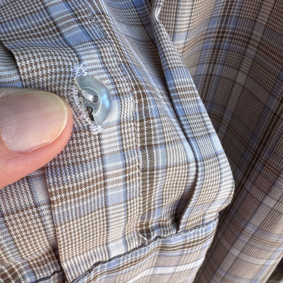 ESM Vintage Mens Band Collar Button-Up Blue Brown Retro Preppy Plaid Shirt M