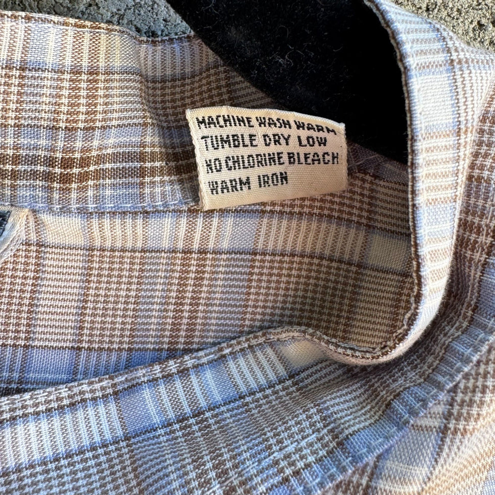 ESM Vintage Mens Band Collar Button-Up Blue Brown Retro Preppy Plaid Shirt M