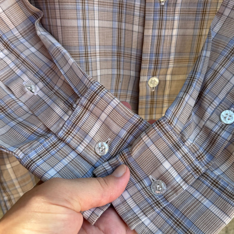 ESM Vintage Mens Band Collar Button-Up Blue Brown Retro Preppy Plaid Shirt M