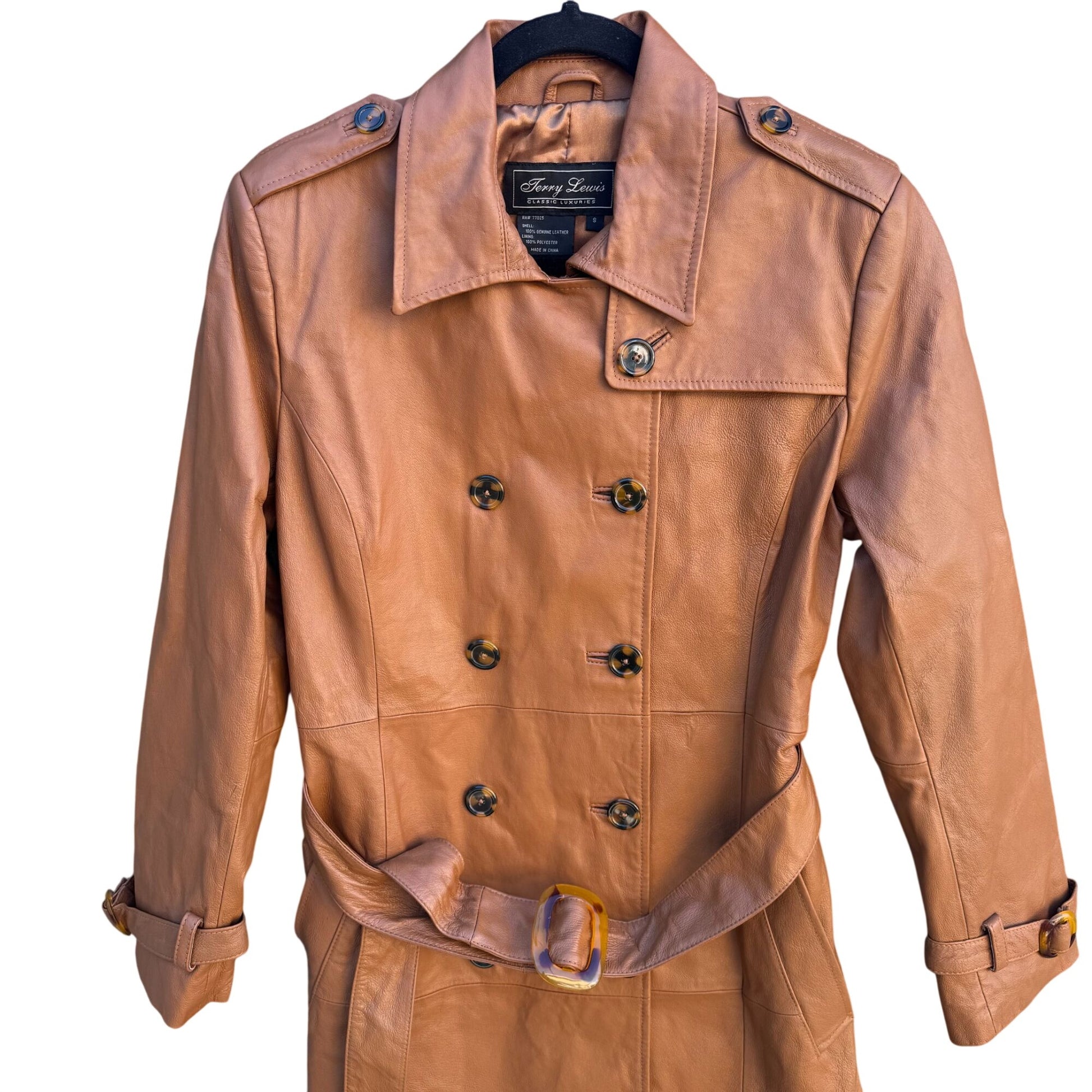 Terry Lewis Vintage Womens Leather Brown Double-Breasted Belted Trench Coat S