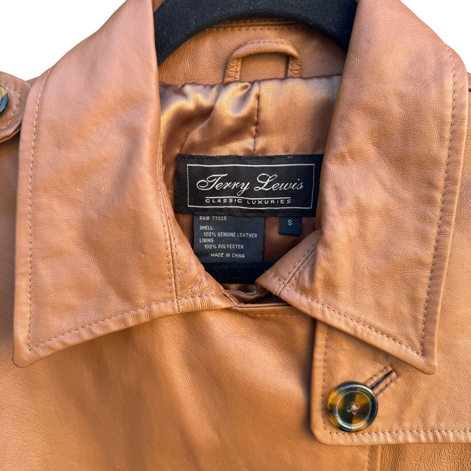 Terry Lewis Vintage Womens Leather Brown Double-Breasted Belted Trench Coat S