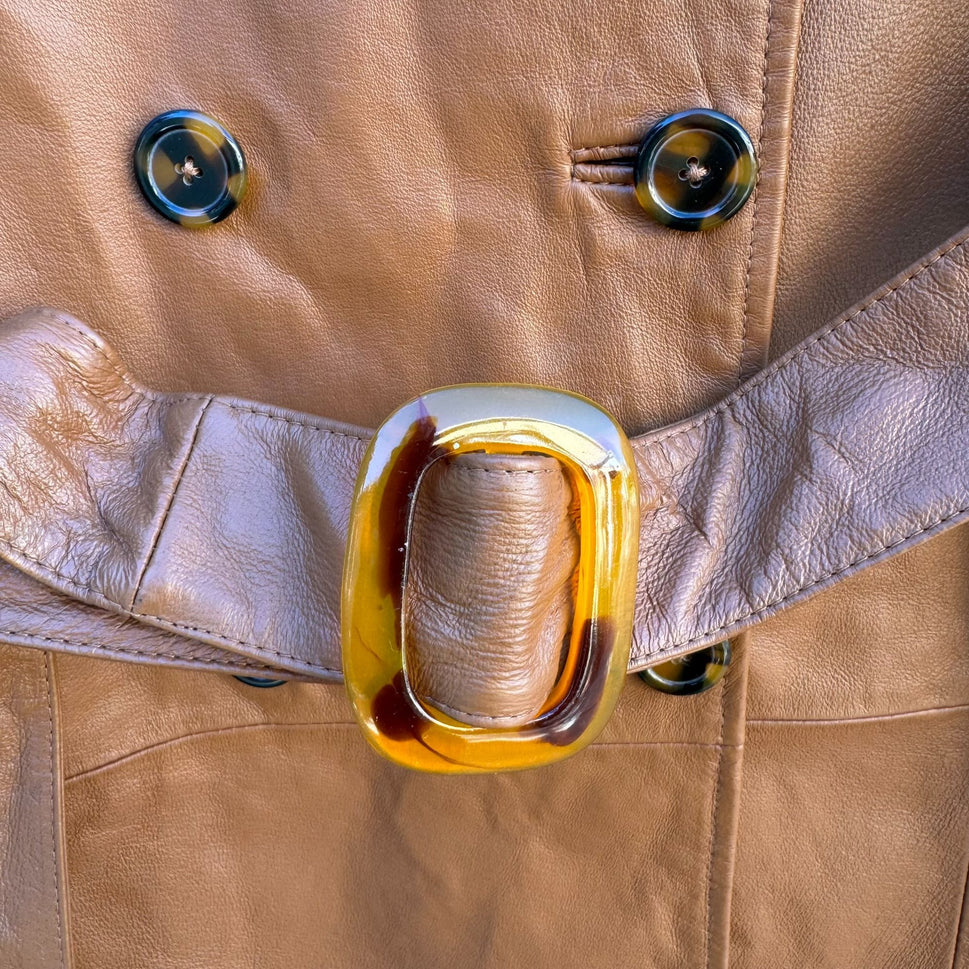 Terry Lewis Vintage Womens Leather Brown Double-Breasted Belted Trench Coat S