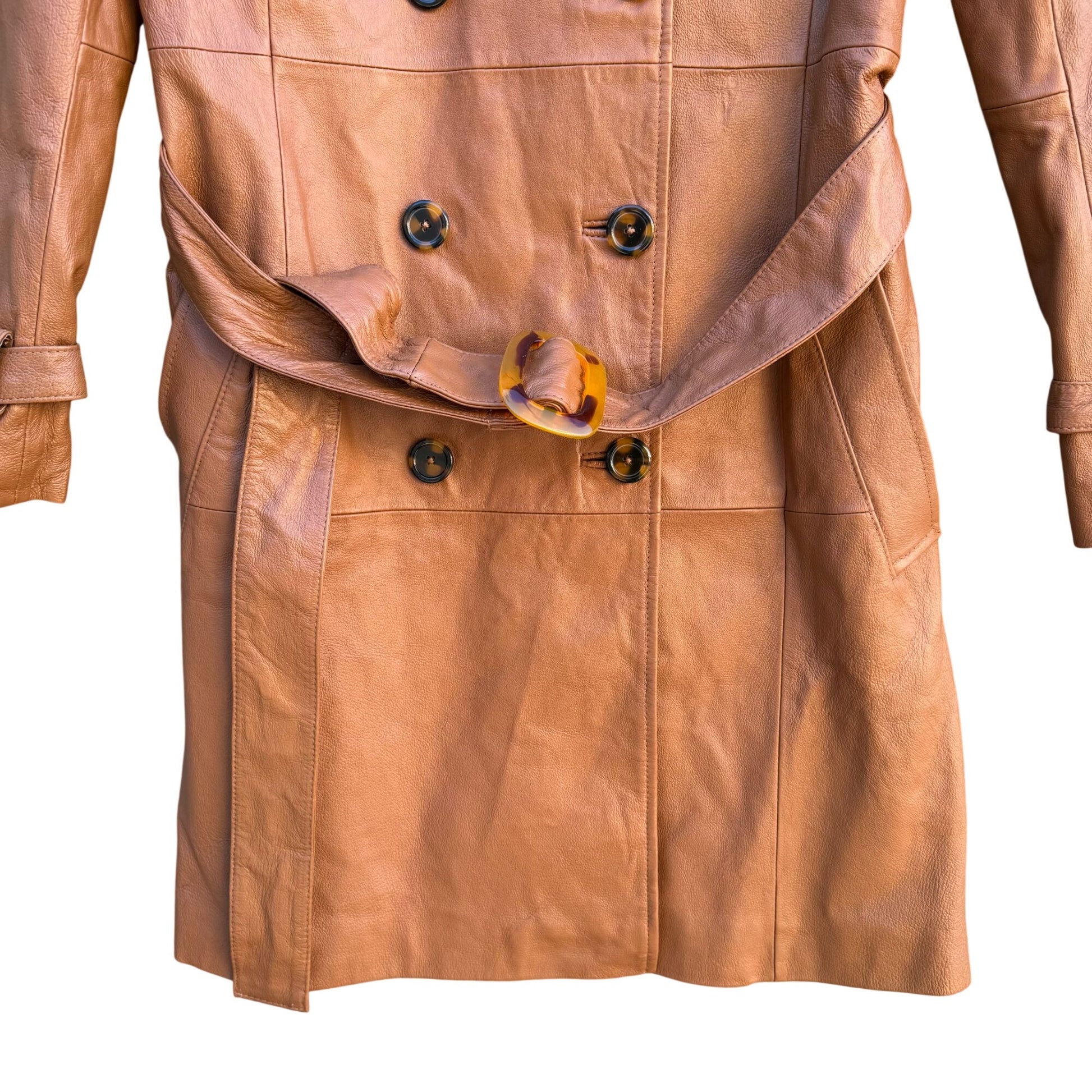 Terry Lewis Vintage Womens Leather Brown Double-Breasted Belted Trench Coat S