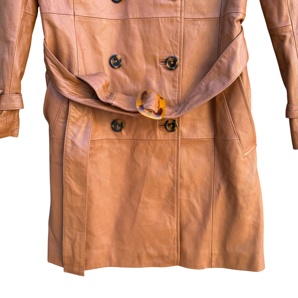 Terry Lewis Vintage Womens Leather Brown Double-Breasted Belted Trench Coat S
