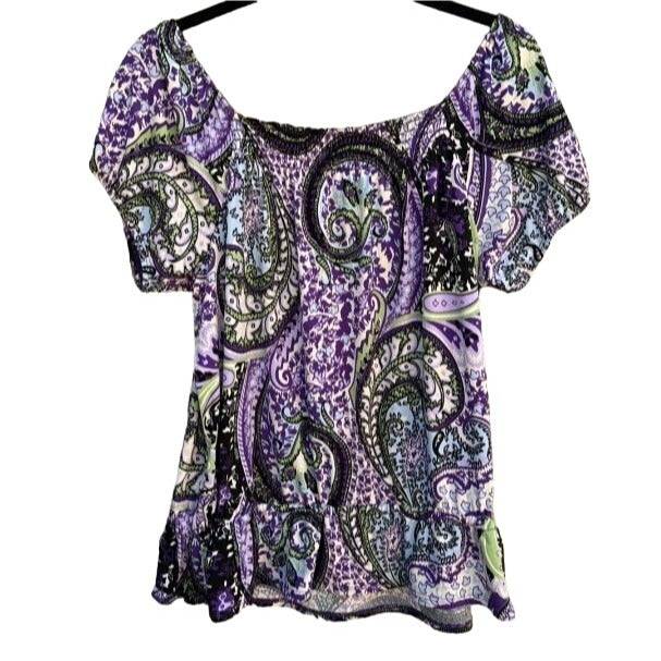 AGB Women's Purple Paisley Tie Waist Smock Neck Off Shoulder Shirt Blouse Top