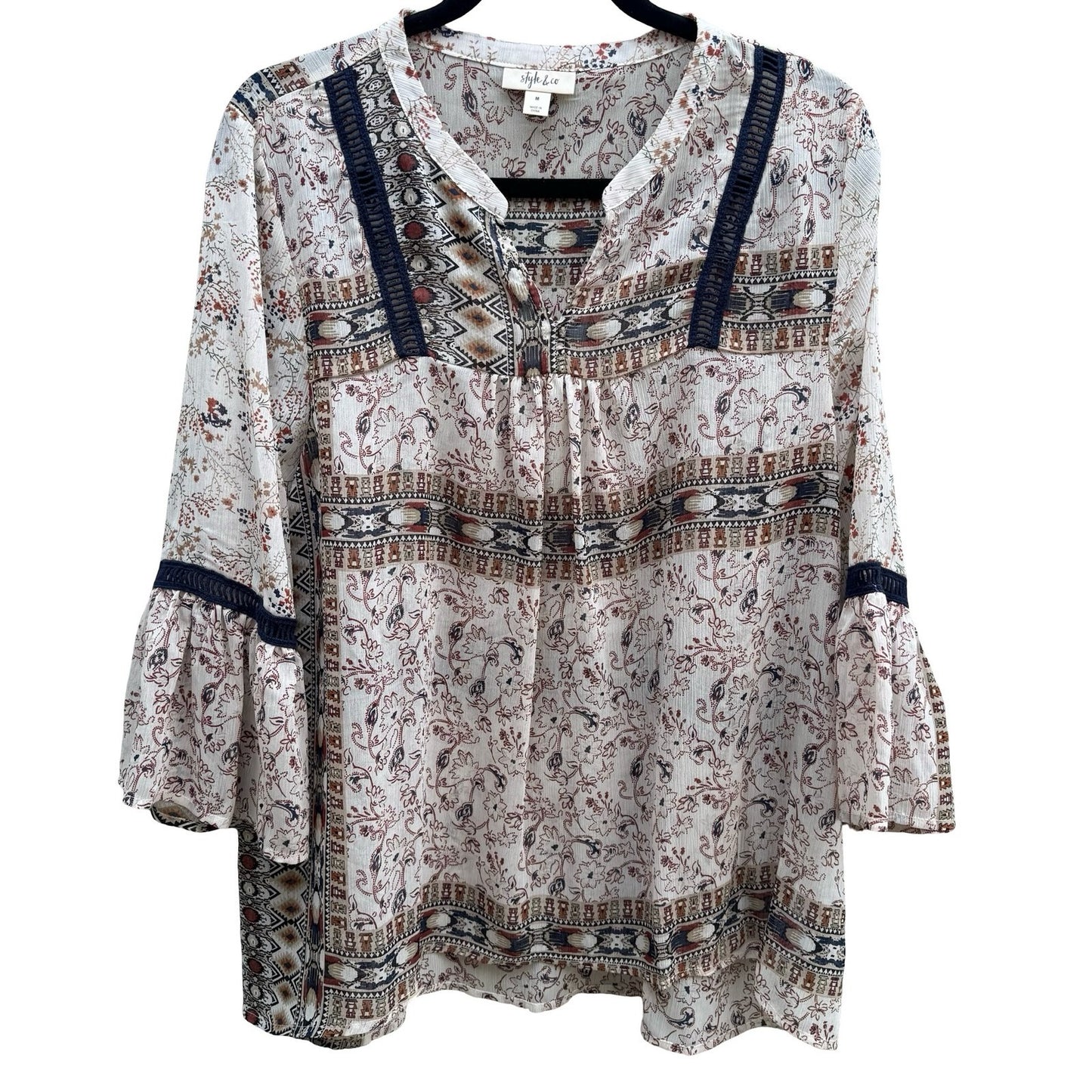 Style & Co Boho Crochet Paisley Bell Sleeve Peasant Blouse Festival Airy Women M