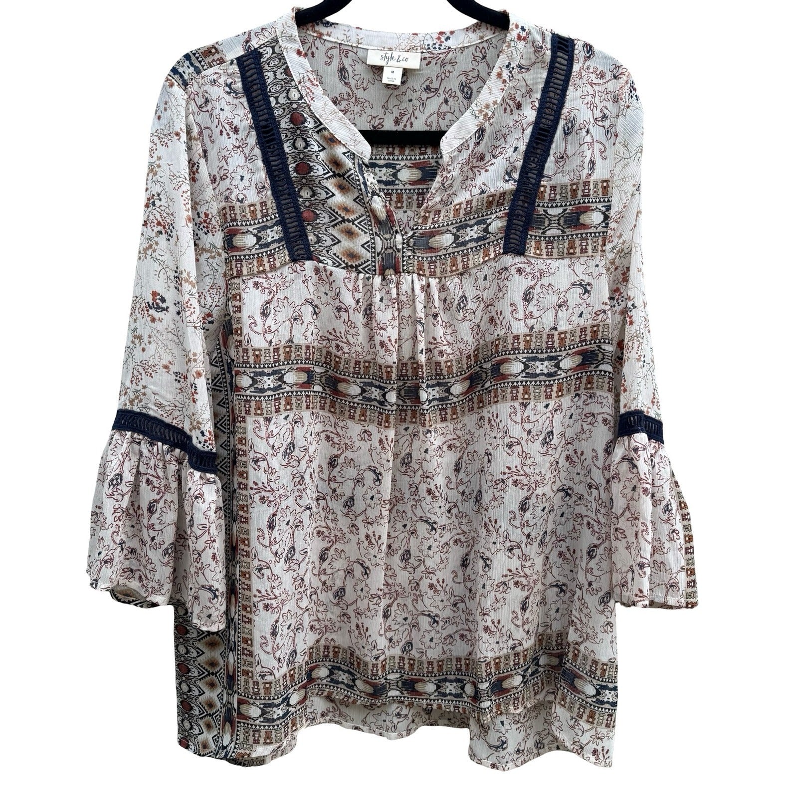 Style & Co Boho Crochet Paisley Bell Sleeve Peasant Blouse Festival Airy Women M